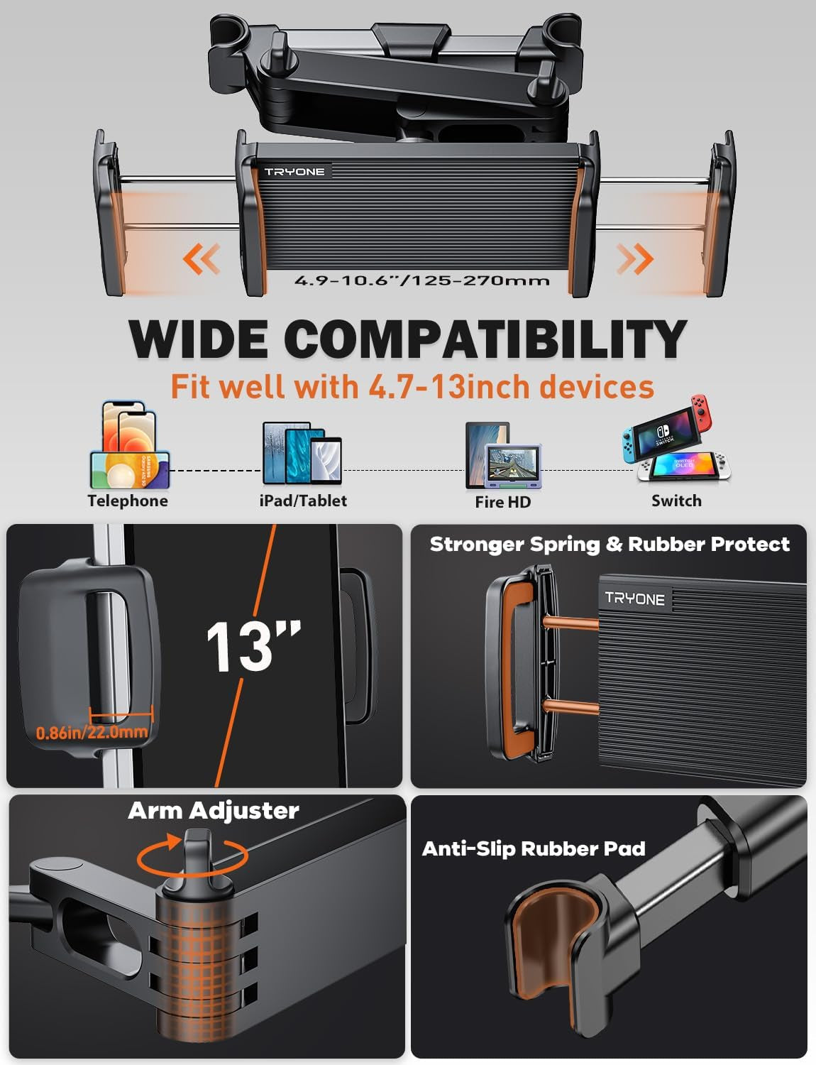 Car Headrest Tablet Holder Mount Stretchable Backseat Tablets Stand for Kids, Car Seat Mounts Compatible with Ipad Pro 12.9 Air Mini, Iphone, Galaxy Tab, Switch, All 4.7-12.9" Screen Devices