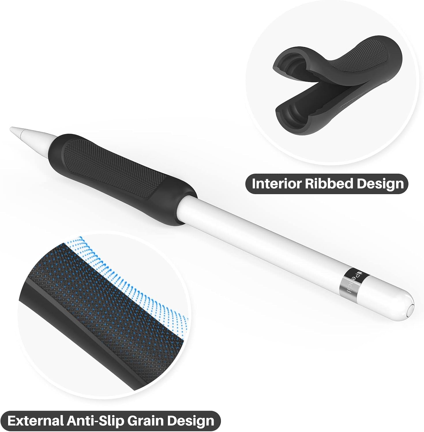 3 Pack Silicone Grip for Apple Pencil 1St Generation Accessories Ergonomic Design Sleeve Protective Case Cover Holder with Cable Adapter Tether (Grey + Black + White)