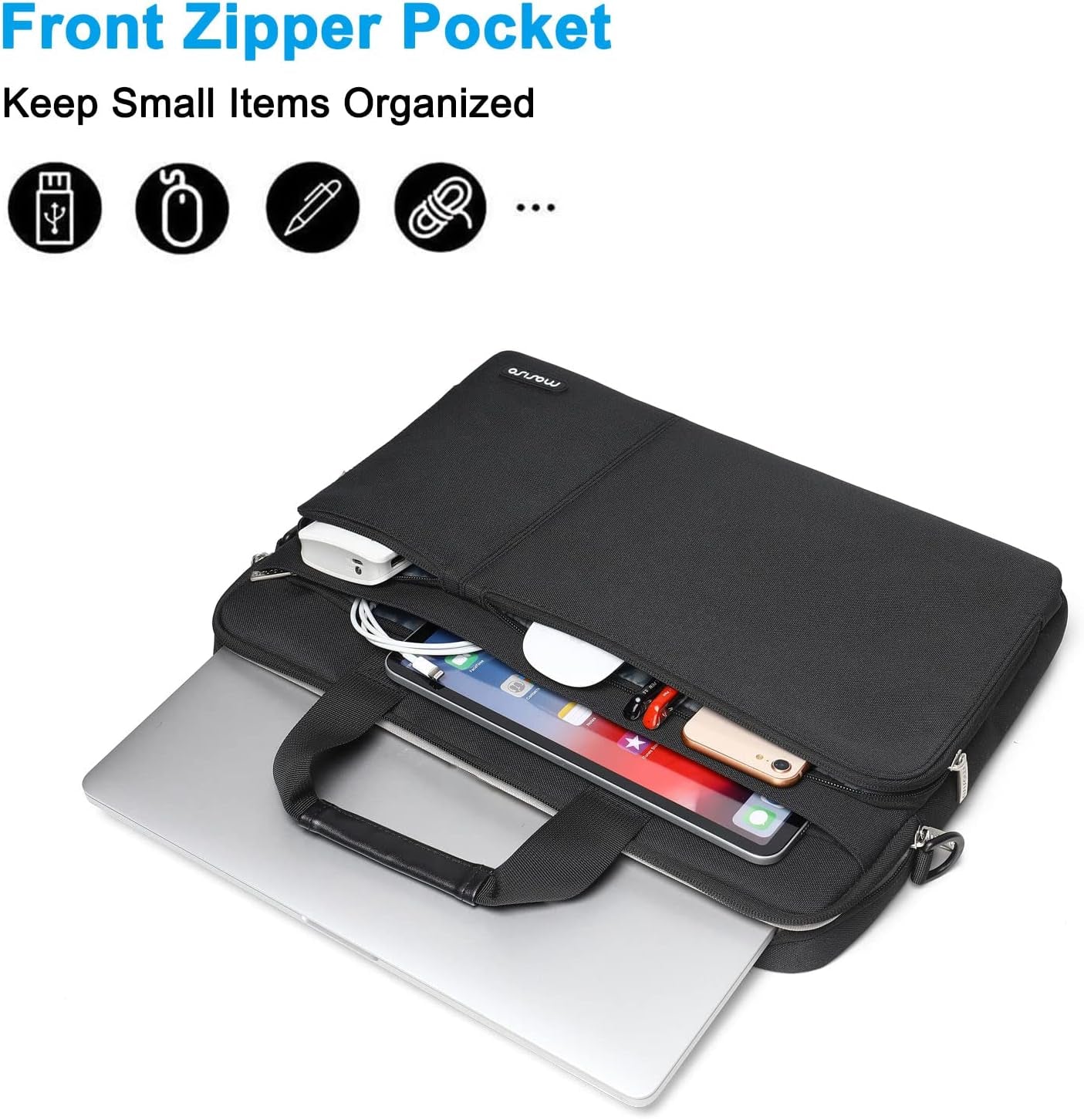 360 Protective Laptop Shoulder Bag Compatible with Macbook Air/Pro,13-13.3 Inch Notebook,Compatible with Macbook Pro 14 Inch 2021,Polyester Sleeve with 3 Front Pockets&Fix Handle&Belt,Black