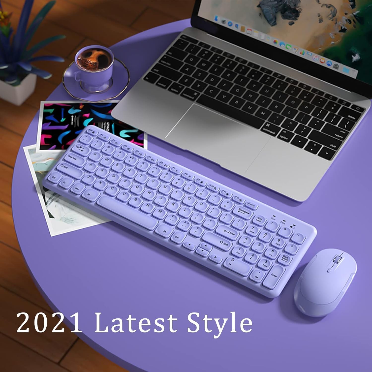 Wireless Ergonomic Keyboard and Mouse Combo, Sweet Mixed Color Cute Keyboard, 2.4G USB, Compatible with Computer, Laptop, PC Desktops, Mac (Purple)