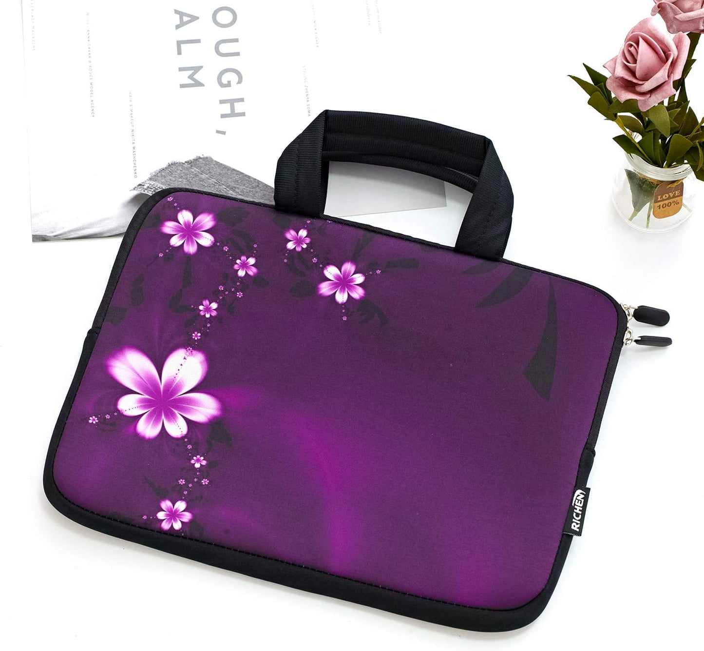 12 Inch Neoprene Laptop Carrying Bag Chromebook Case Tablet Travel Cover with Handle Zipper Carrying Sleeve Case Bag Fits 11 11.6 12 12.1 12.5 Inch Netbook/Laptop (11-12.5 Inch, Purple Flowers)
