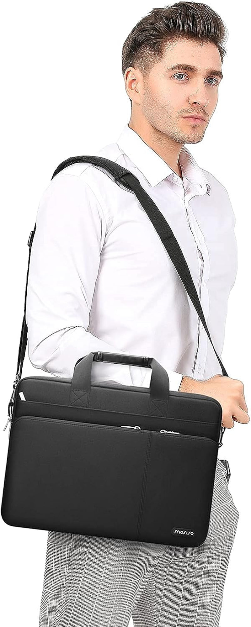 360 Protective Laptop Shoulder Bag Compatible with Macbook Air/Pro,13-13.3 Inch Notebook,Compatible with Macbook Pro 14 Inch 2021,Polyester Sleeve with 3 Front Pockets&Fix Handle&Belt,Black