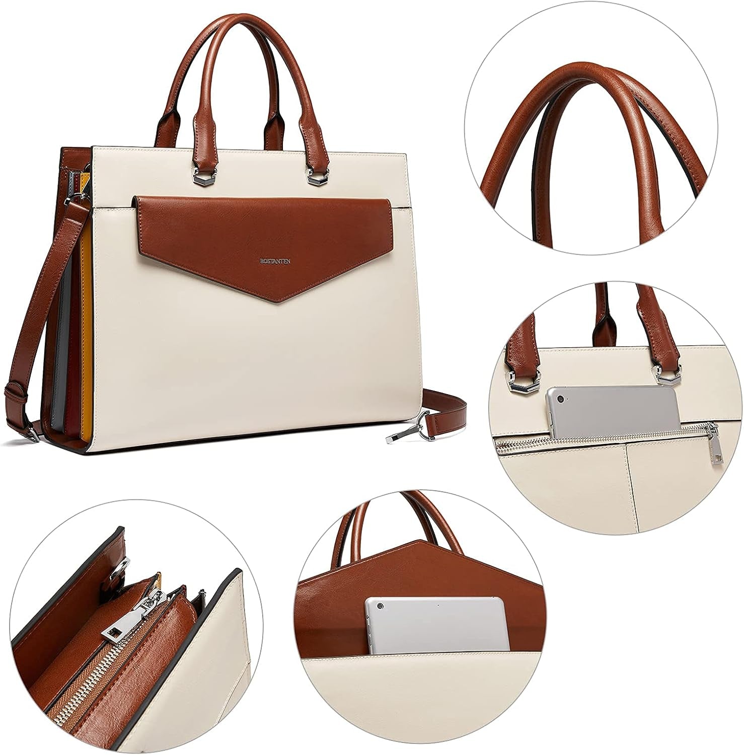 Briefcase for Women Laptop Tote 15.6 Inch Genuine Leather Handbag Work Bag Beige
