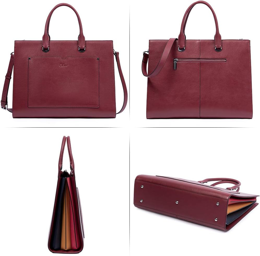 Women Briefcase Leather 15.12 Inch Slim Business Laptop Shoulder Bag Wine Red