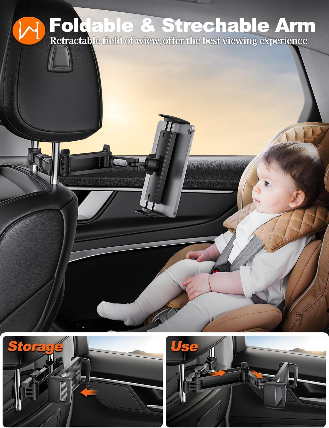 Car Headrest Tablet Holder Mount Stretchable Backseat Tablets Stand for Kids, Car Seat Mounts Compatible with Ipad Pro 12.9 Air Mini, Iphone, Galaxy Tab, Switch, All 4.7-12.9" Screen Devices
