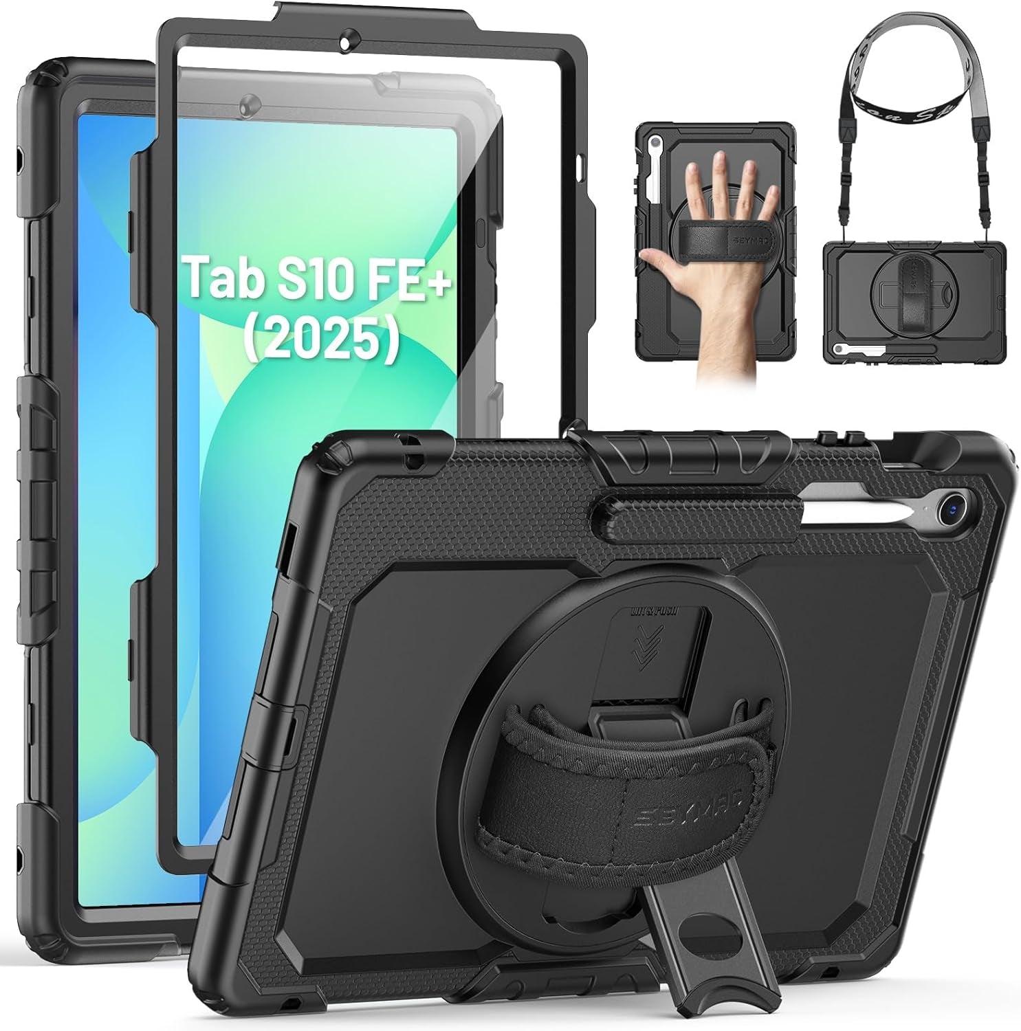 Case for Samsung Galaxy Tab S10 FE+/ S10 FE plus 5G 13.1″ 2025, Heavy Duty Full-Body Shockproof Protective Case with Screen Protector, Stand, Hand/Shoulder Strap and Pen Holder, Black