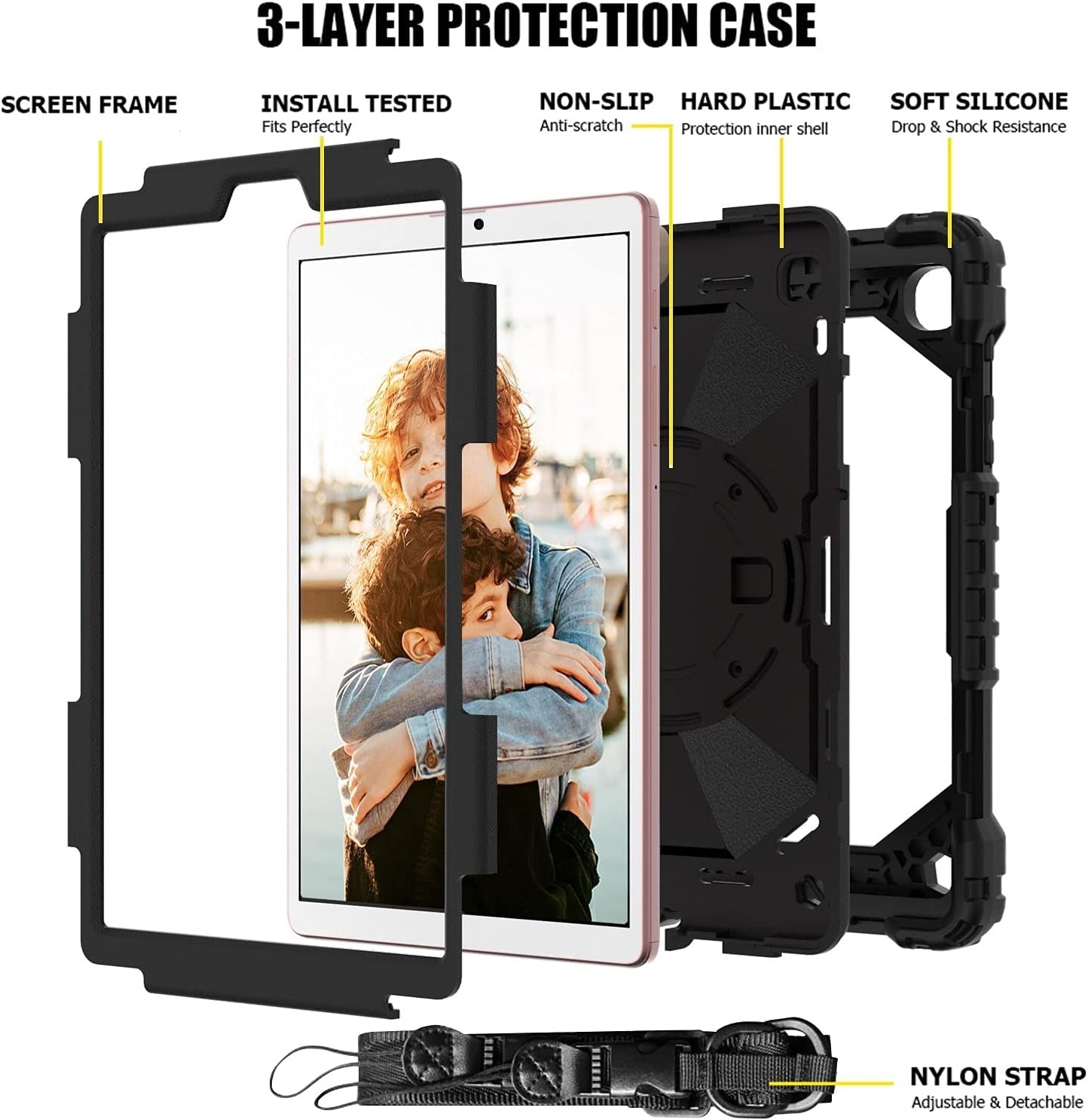 Case for Galaxy Tab A7 Lite 8.7 Case, Heavy Duty Rugged Full-Body Hybrid Shockproof Drop Protection Cover for Samsung Galaxy Tab A7 Lite 8.7 2021 Model SM-T220 / SM- T225 (7-Black+Black)