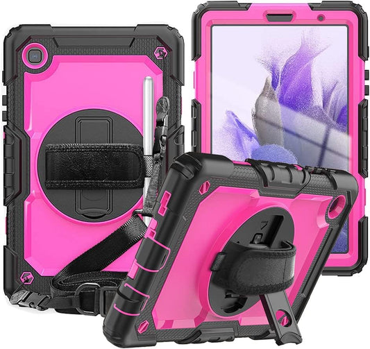 Case for Samsung Galaxy Tab A7 Lite Case 8.7 Inch 2021 with Pencil Holder Kids,Heavy Duty Shockproof Protective Cover with Screen Protector,360° Rotating Stand,Hand/Shoulder Strap,Black+Rosy