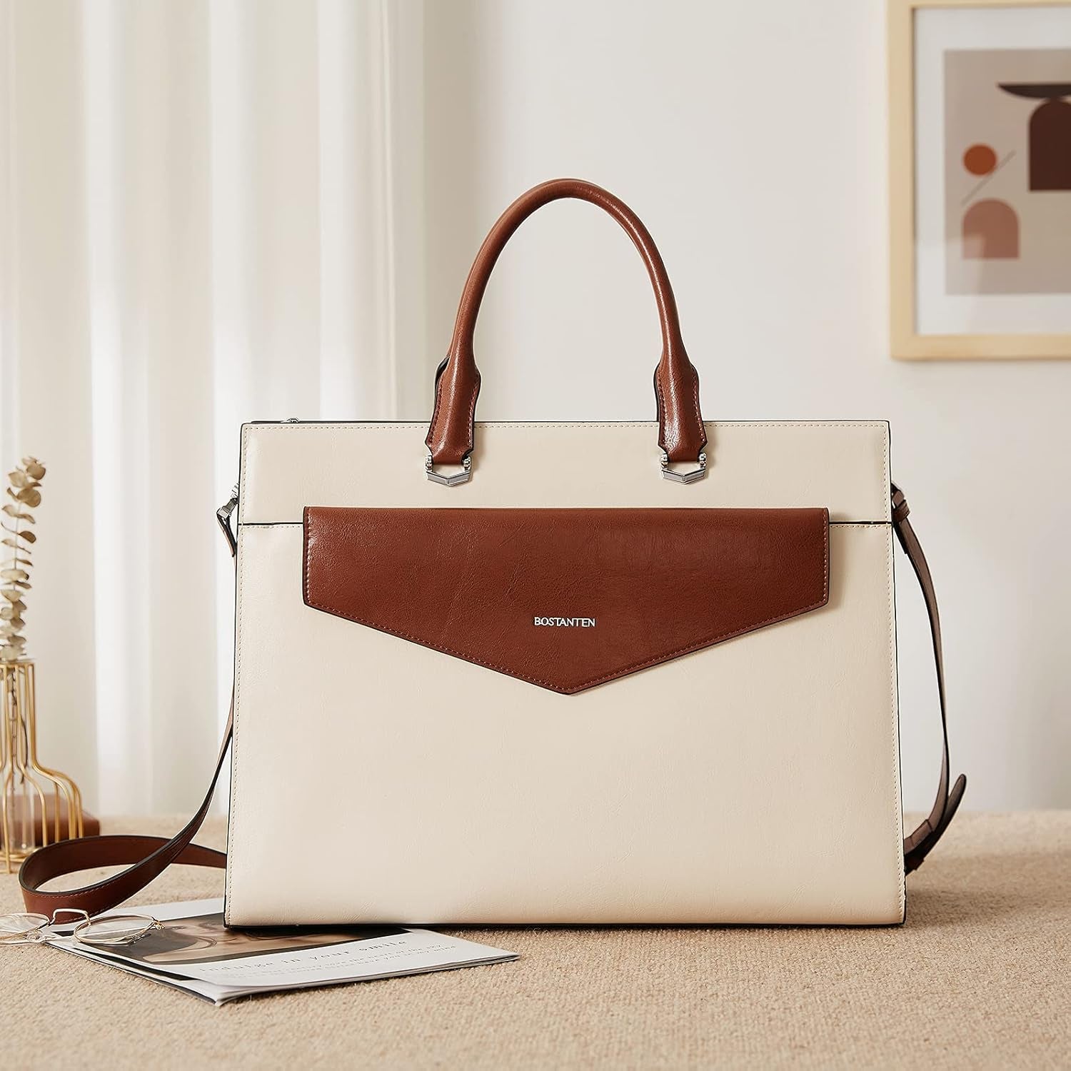 Briefcase for Women Laptop Tote 15.6 Inch Genuine Leather Handbag Work Bag Beige