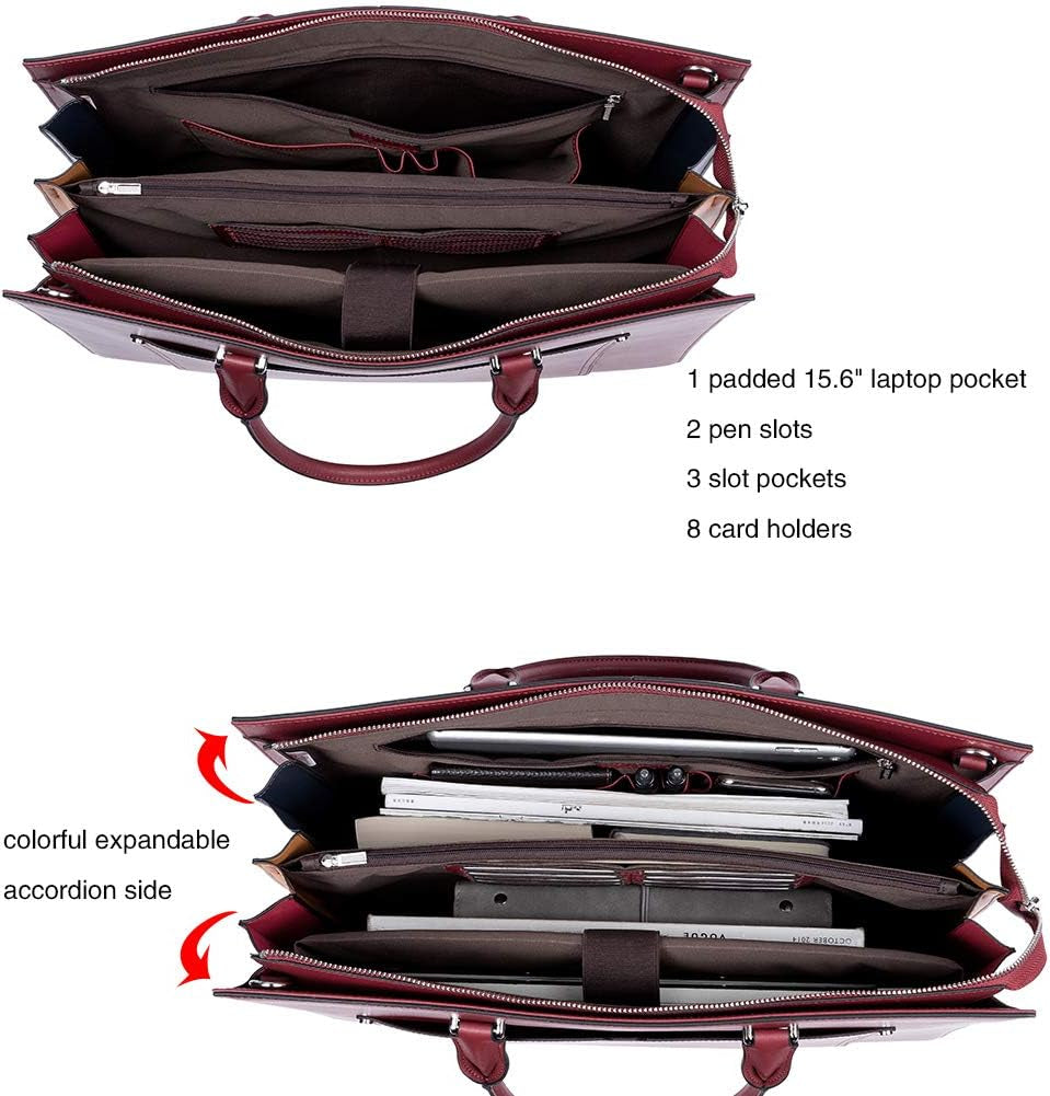 Women Briefcase Leather 15.12 Inch Slim Business Laptop Shoulder Bag Wine Red
