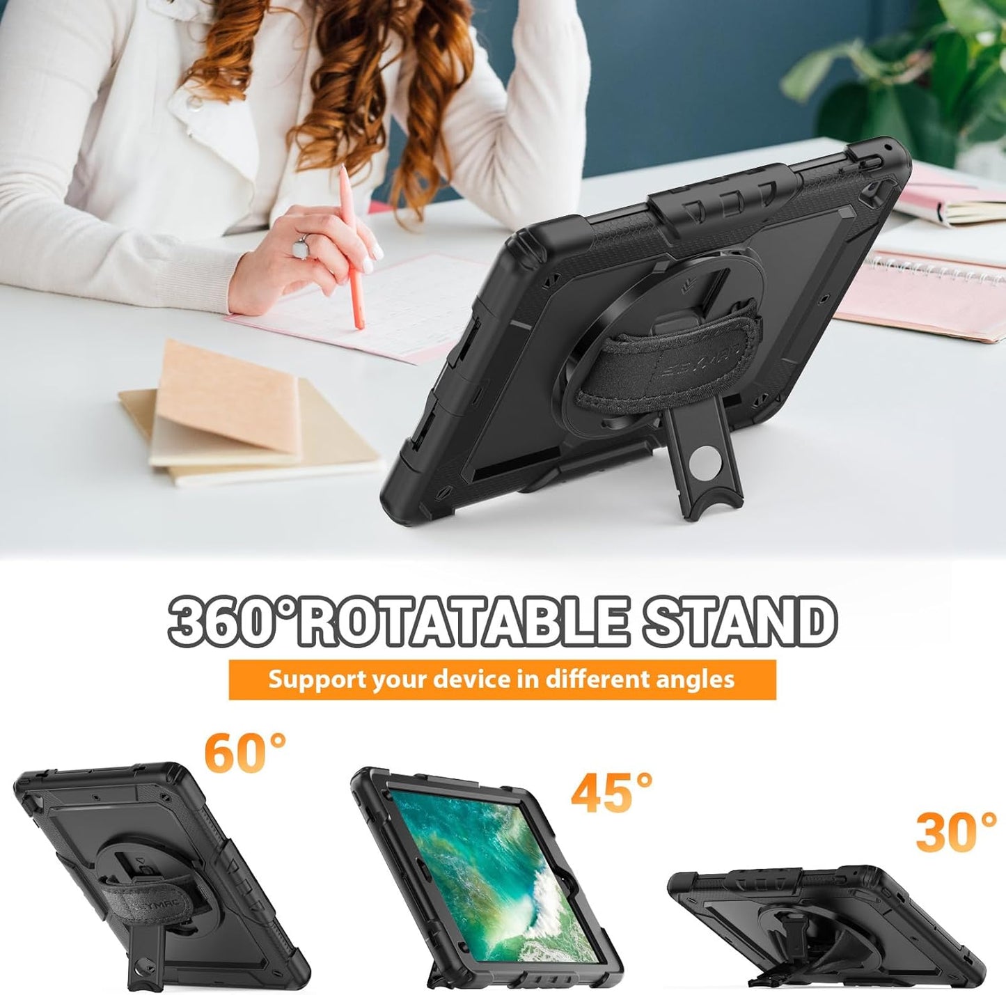 for Ipad 6Th/5Th Generation Case 9.7 Inch, Full-Body Shockproof Heavy Duty Protective Case with Screen Protector, Rotating Stand/Hand/Shoulder Strap for Ipad Air 2/ Pro 9.7, Black