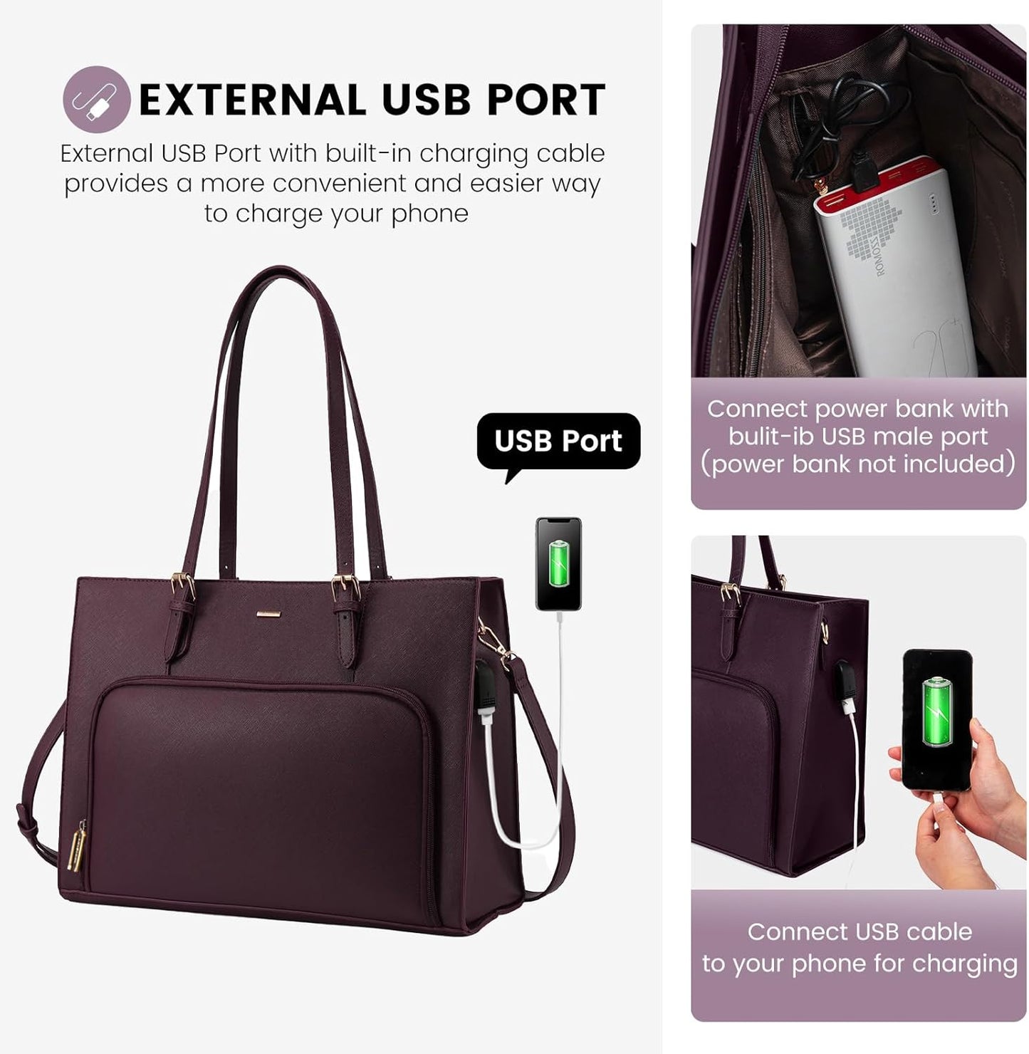 Laptop Bag for Women 15.6 Inch Waterproof Work Tote Bag Briefcase with USB Charging Port PU Leather Computer Handbag Shoulder Bag Large Professional Teacher Bag for Travel Business School