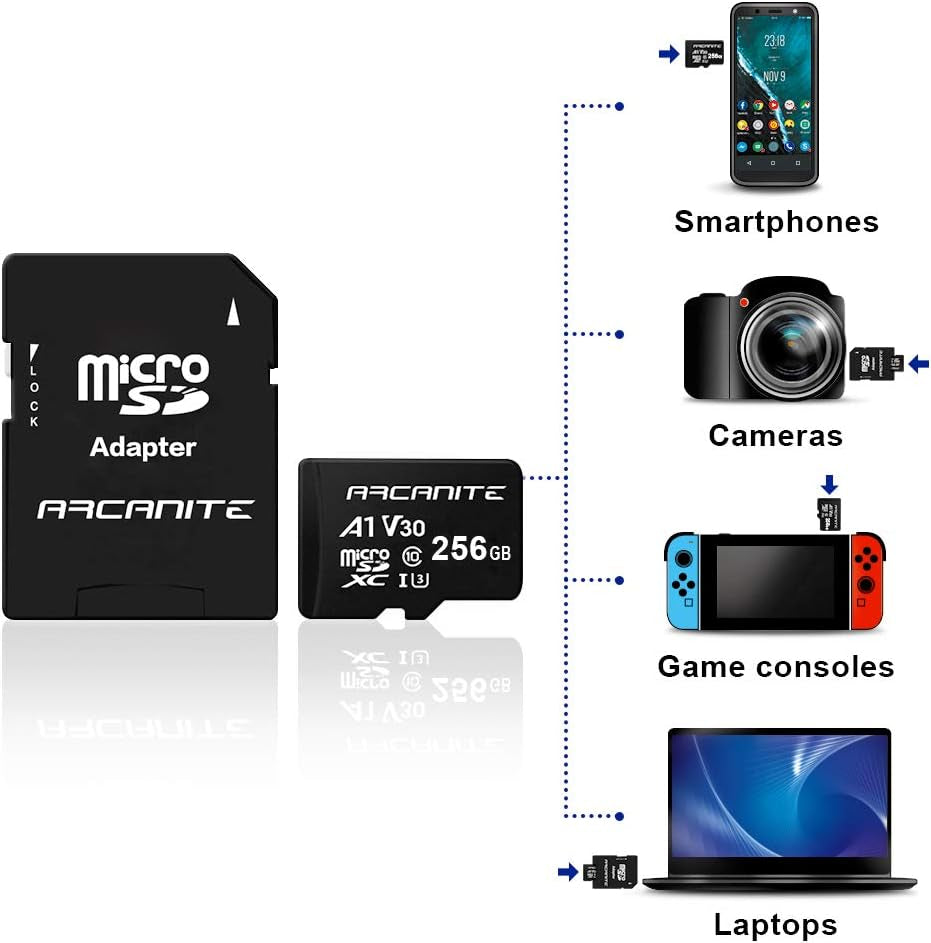 256GB Microsdxc Memory Card with Adapter - A1, UHS-I U3, V30, 4K, C10, Micro SD, Optimal Read Speeds up to 90 Mb/S