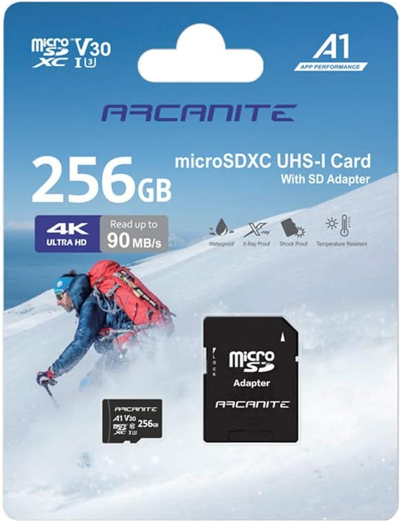 256GB Microsdxc Memory Card with Adapter - A1, UHS-I U3, V30, 4K, C10, Micro SD, Optimal Read Speeds up to 90 Mb/S