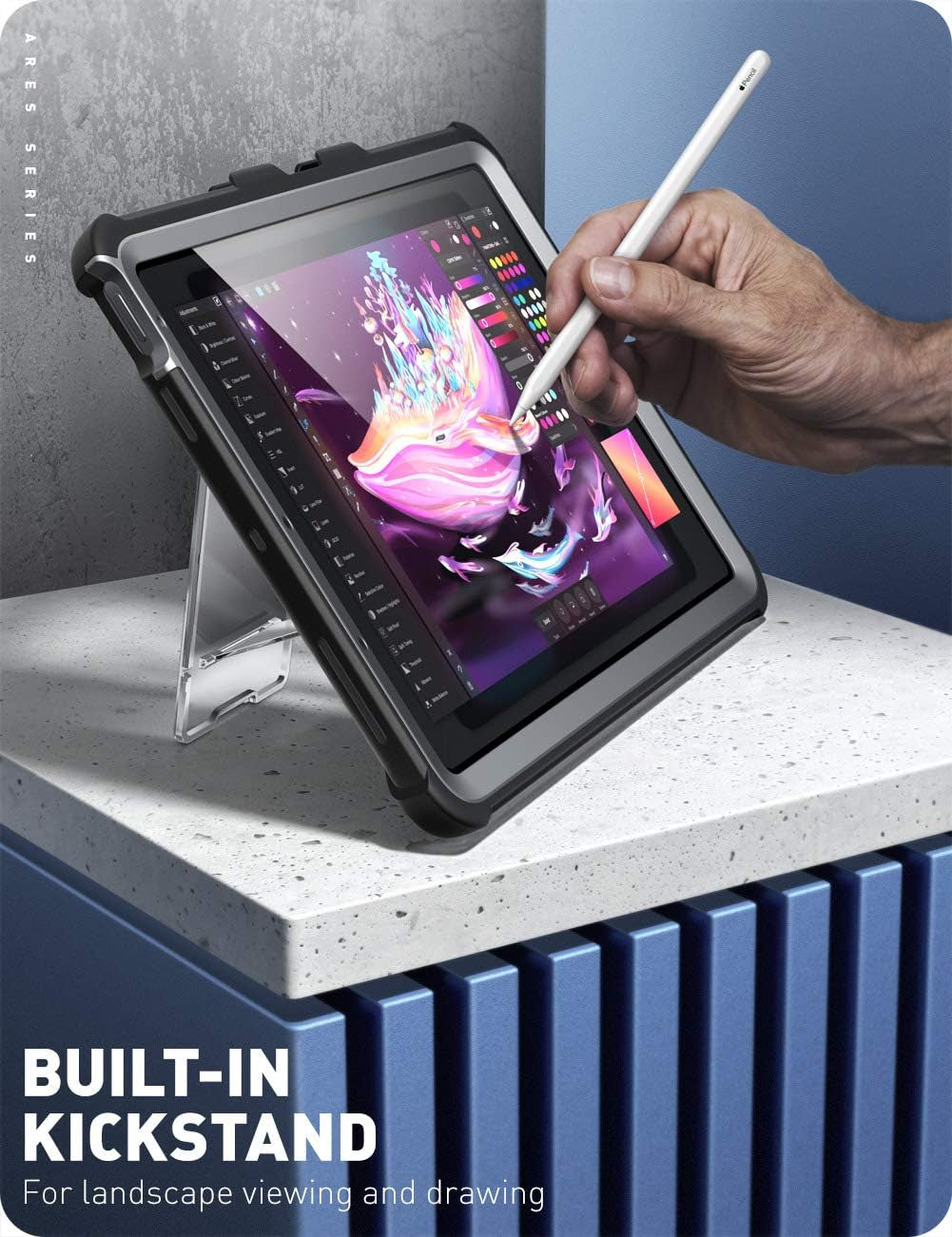 Ares Case for Ipad Air 5Th Generation/Ipad Air 4Th Generation 10.9 Case (2022/2020), Full-Body Kickstand with Built-In Screen Protector Cover with Pencil Holder (Black)