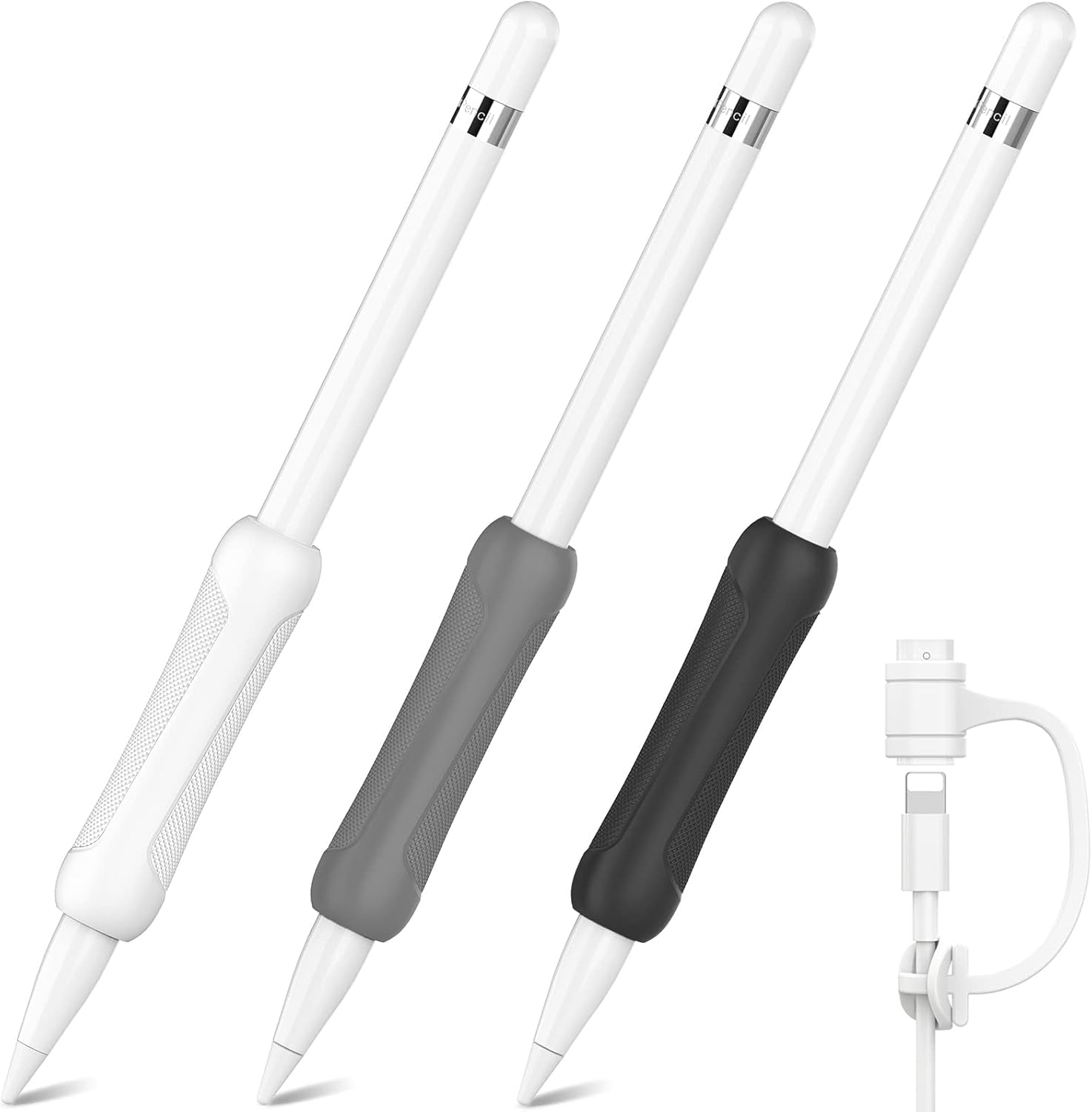 3 Pack Silicone Grip for Apple Pencil 1St Generation Accessories Ergonomic Design Sleeve Protective Case Cover Holder with Cable Adapter Tether (Grey + Black + White)