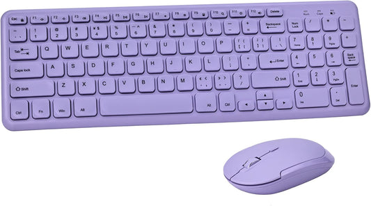 Wireless Ergonomic Keyboard and Mouse Combo, Sweet Mixed Color Cute Keyboard, 2.4G USB, Compatible with Computer, Laptop, PC Desktops, Mac (Purple)
