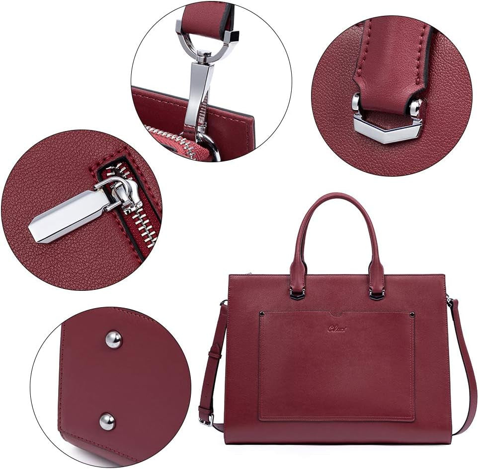 Women Briefcase Leather 15.12 Inch Slim Business Laptop Shoulder Bag Wine Red