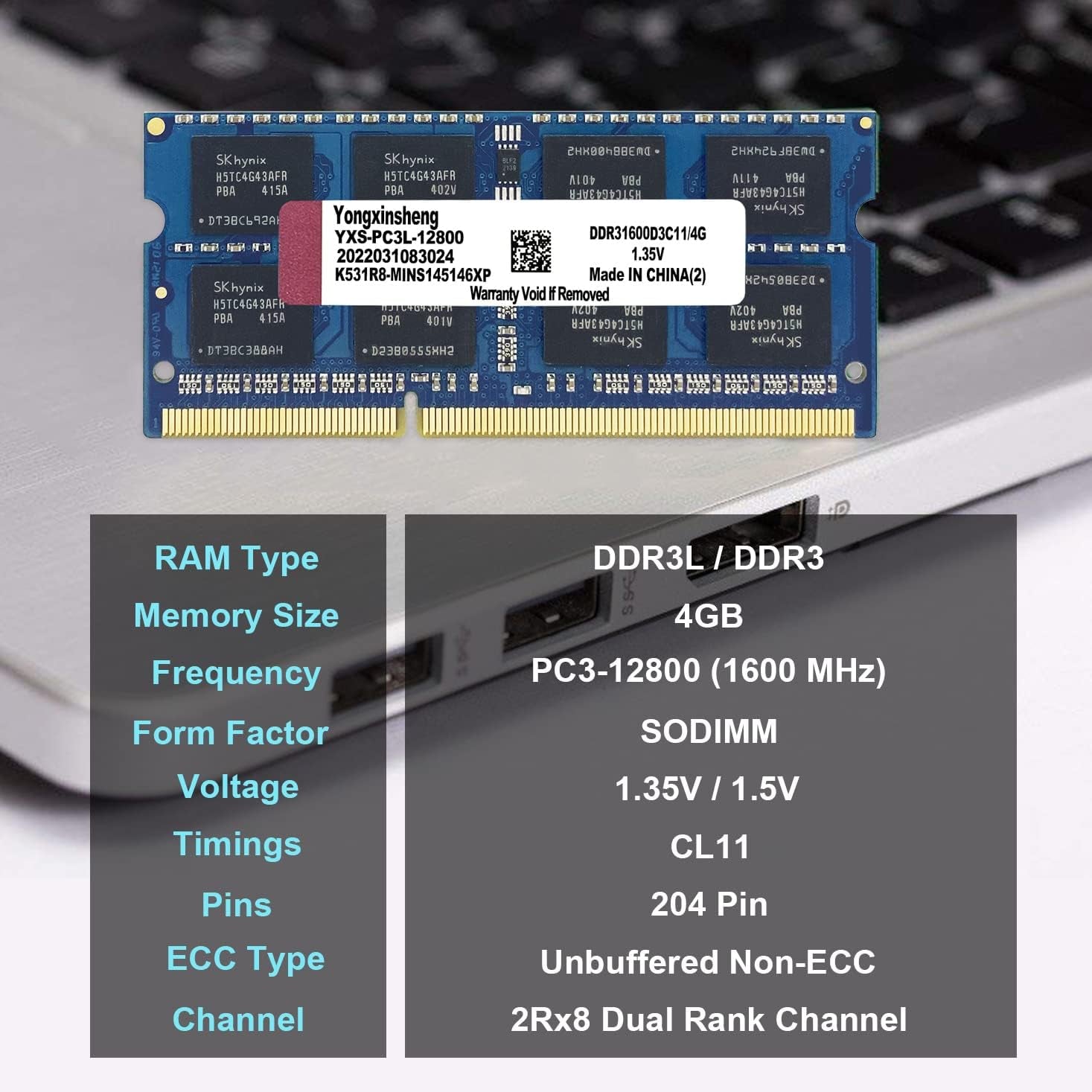 DDR3 / DDR3L 4GB Laptop RAM 1600Mhz PC3L/PC3-12800 SODIMM Non-Ecc Unbuffered 1.35V/1.5V 2Rx8 Dual Rank 204 Pin CL11 Notebook Computer Memory Upgrade Module(Blue)