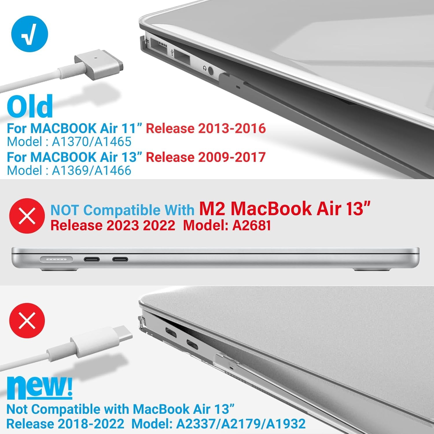 Compatible with Old Version Macbook Air 13 Inch Case (2017-2010 Release), Models: A1466/A1369, Plastic Hard Shell Case with Keyboard & Screen Cover for Mac Air 13, Crystal Clear, A13CYCL+2