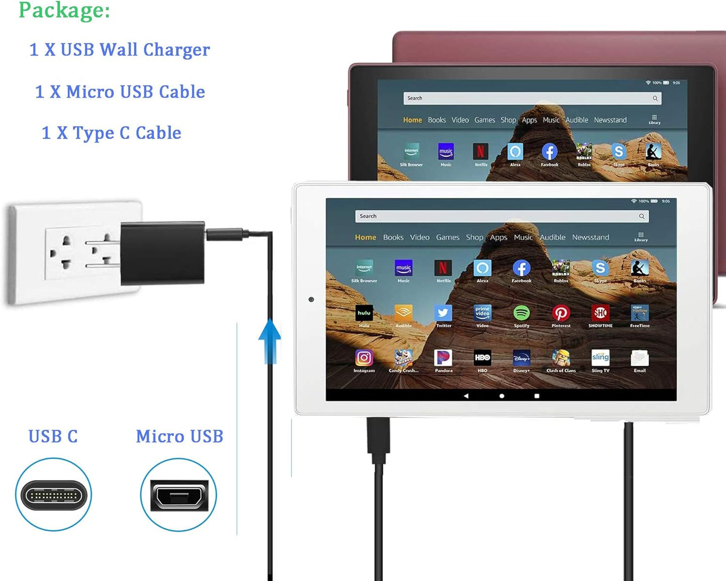 Fast Charger Fit for Fire HD10 Tablet with 5Ft Type-C Micro USB Cable for Charging All-New Fire HD 10 and Fire HD 10 Plus,Kids Pro,Kids Edition