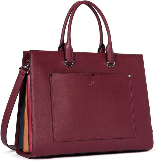 Women Briefcase Leather 15.12 Inch Slim Business Laptop Shoulder Bag Wine Red