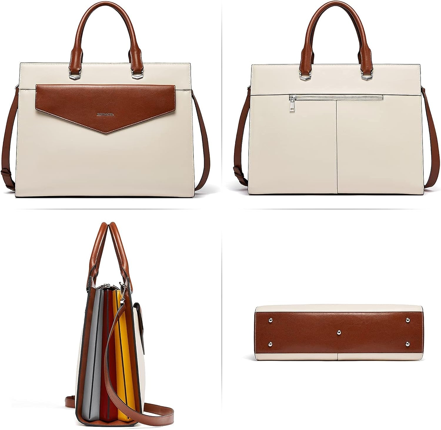 Briefcase for Women Laptop Tote 15.6 Inch Genuine Leather Handbag Work Bag Beige