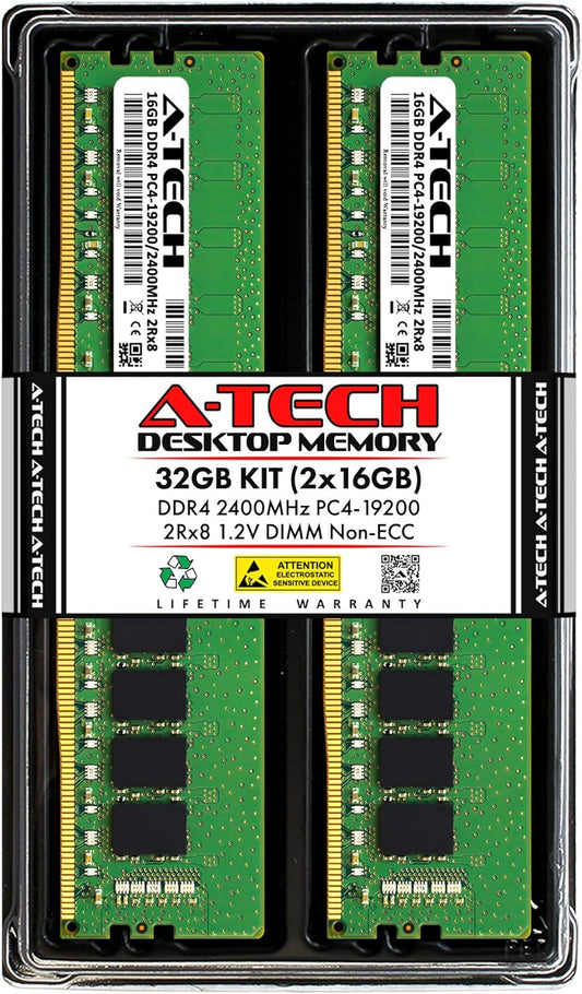 32GB (2X16Gb) DDR4 2400 Mhz UDIMM PC4-19200 (PC4-2400T) CL17 DIMM 2Rx8 Non-Ecc Desktop RAM Memory Modules