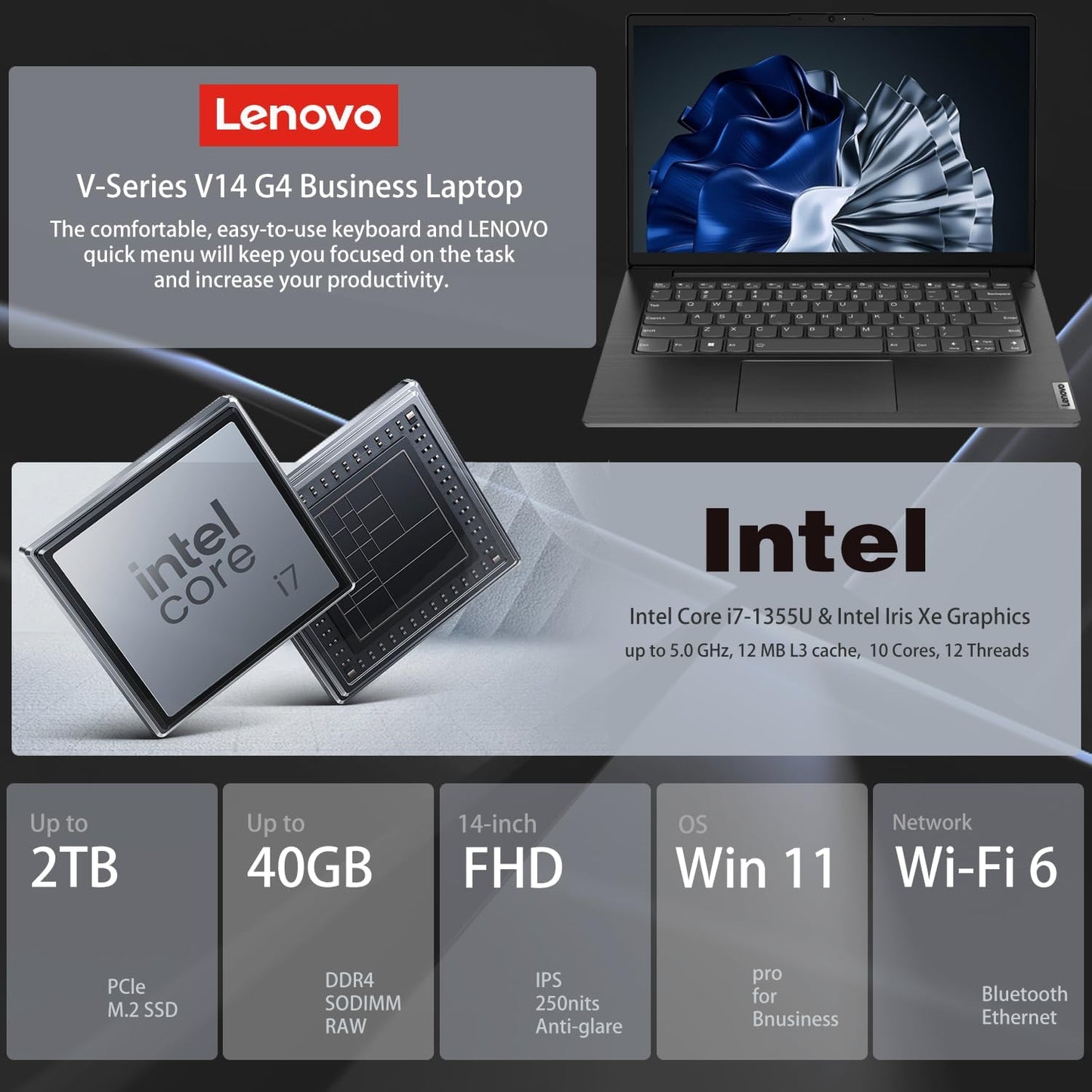 V14 Gen 4 Business Laptop, 14" FHD Anti-Glare, Intel 10-Core I7-1355U, 16GB RAM, 1TB SSD, Webcam with Privacy Shutter, Wi-Fi 6, HDMI, Windows 11 Pro, Black, Bundle with Wireless Mouse