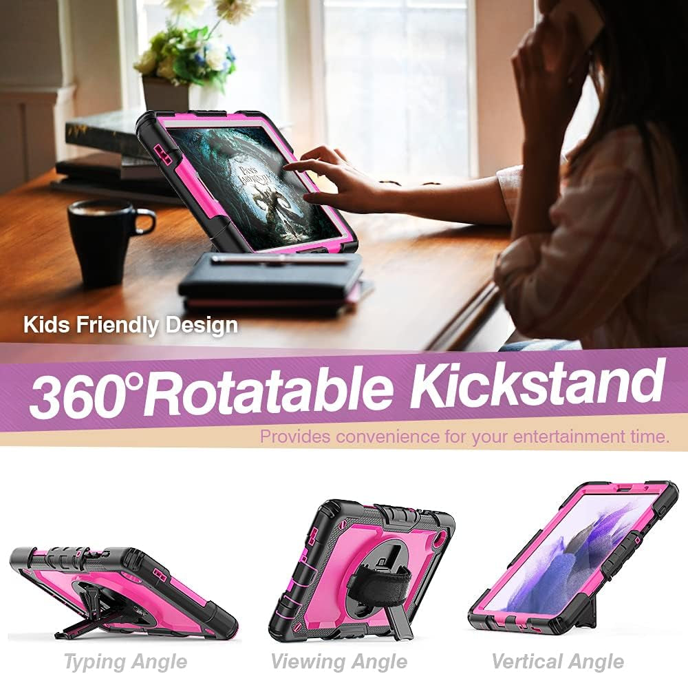 Case for Samsung Galaxy Tab A7 Lite Case 8.7 Inch 2021 with Pencil Holder Kids,Heavy Duty Shockproof Protective Cover with Screen Protector,360° Rotating Stand,Hand/Shoulder Strap,Black+Rosy