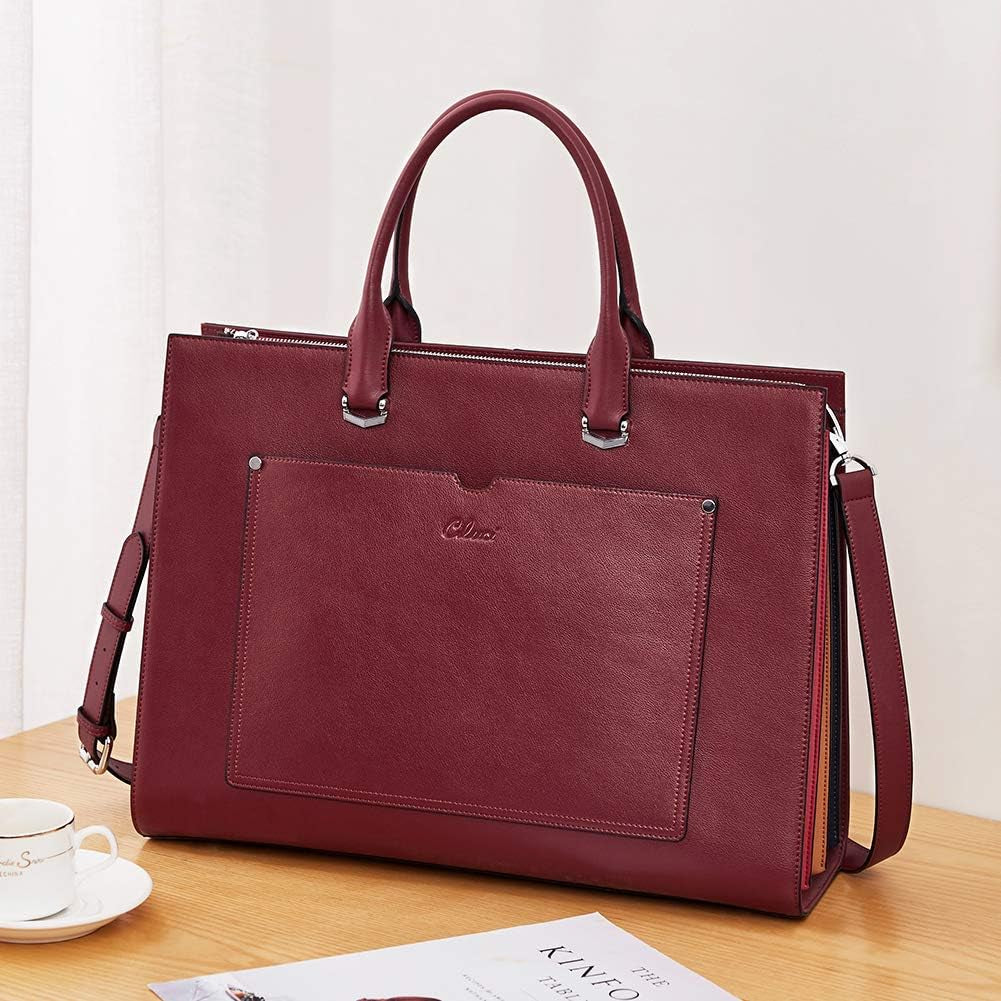 Women Briefcase Leather 15.12 Inch Slim Business Laptop Shoulder Bag Wine Red
