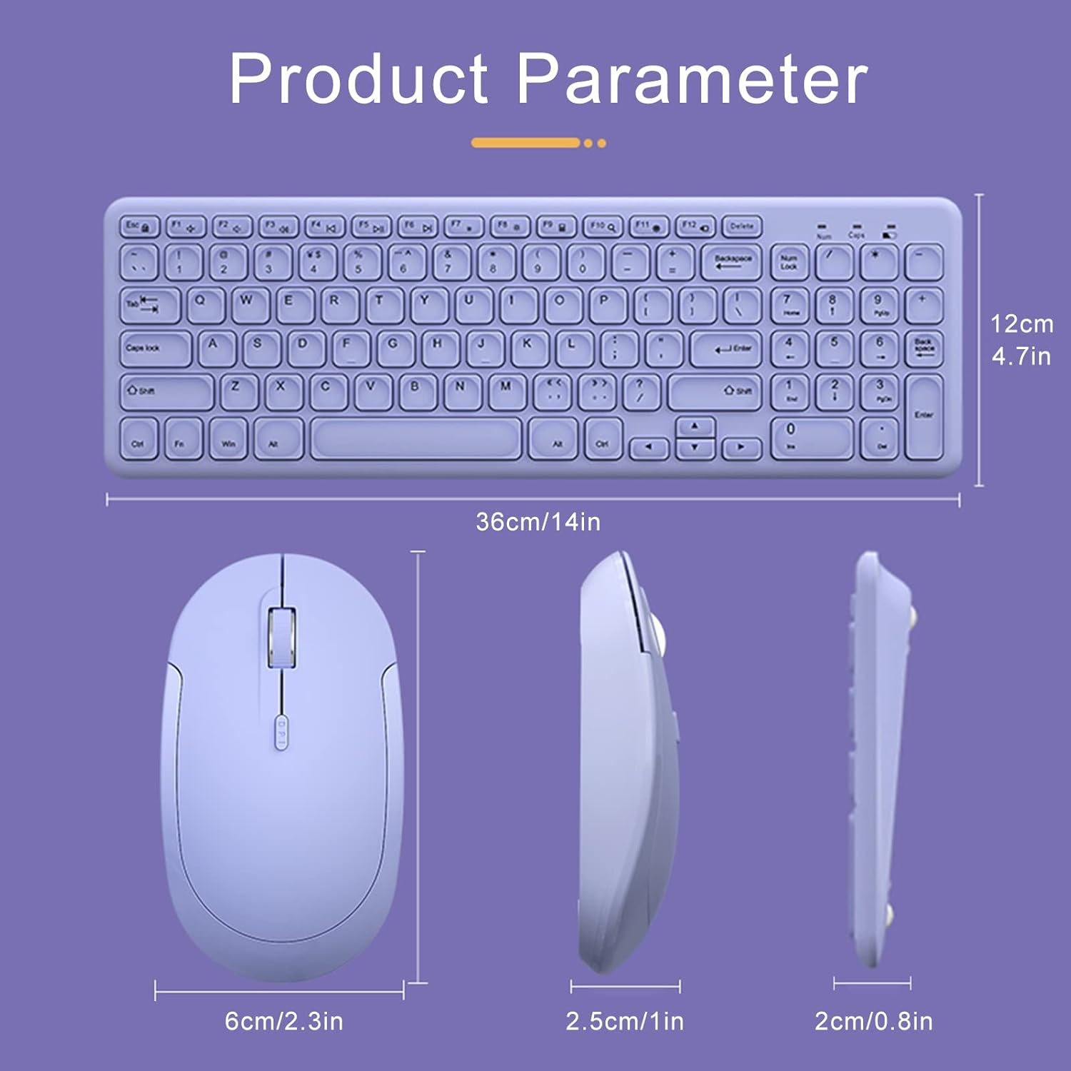 Wireless Ergonomic Keyboard and Mouse Combo, Sweet Mixed Color Cute Keyboard, 2.4G USB, Compatible with Computer, Laptop, PC Desktops, Mac (Purple)