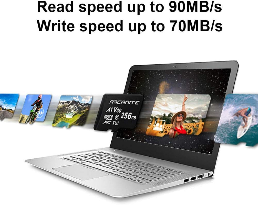 256GB Microsdxc Memory Card with Adapter - A1, UHS-I U3, V30, 4K, C10, Micro SD, Optimal Read Speeds up to 90 Mb/S