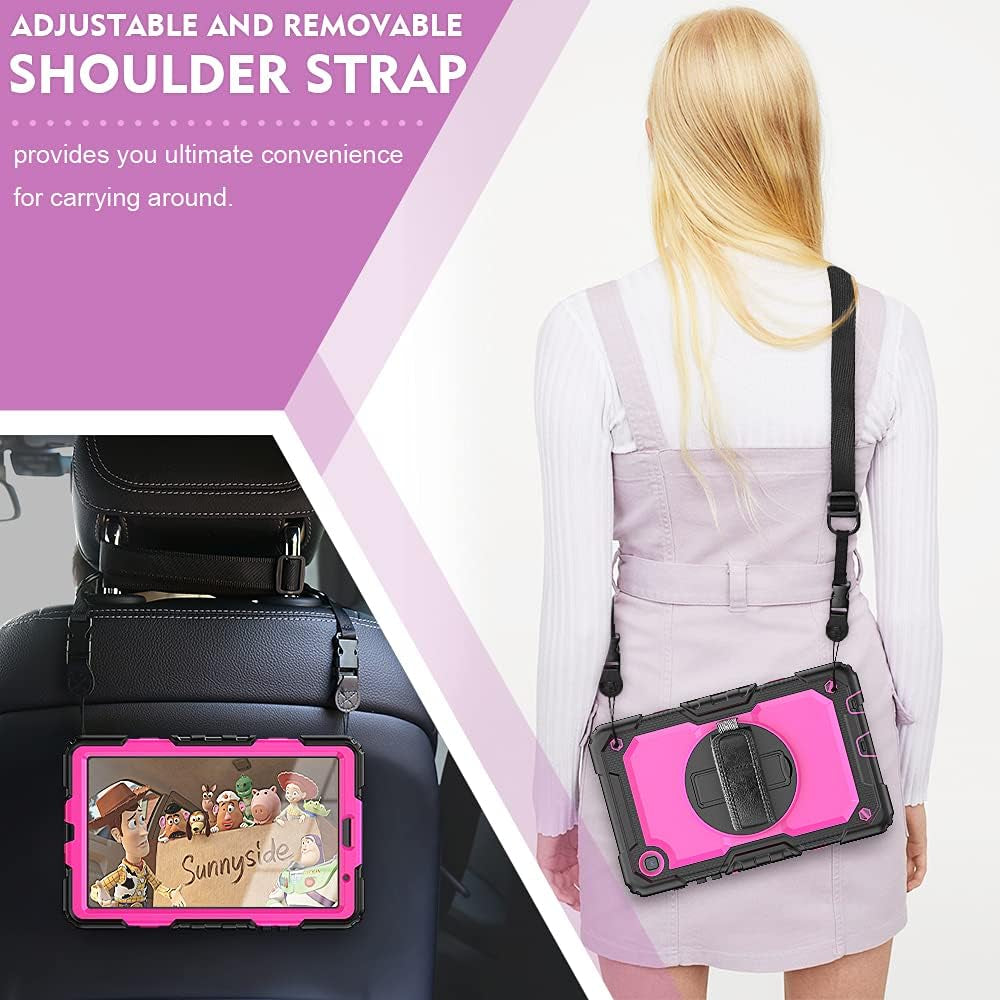 Case for Samsung Galaxy Tab A7 Lite Case 8.7 Inch 2021 with Pencil Holder Kids,Heavy Duty Shockproof Protective Cover with Screen Protector,360° Rotating Stand,Hand/Shoulder Strap,Black+Rosy