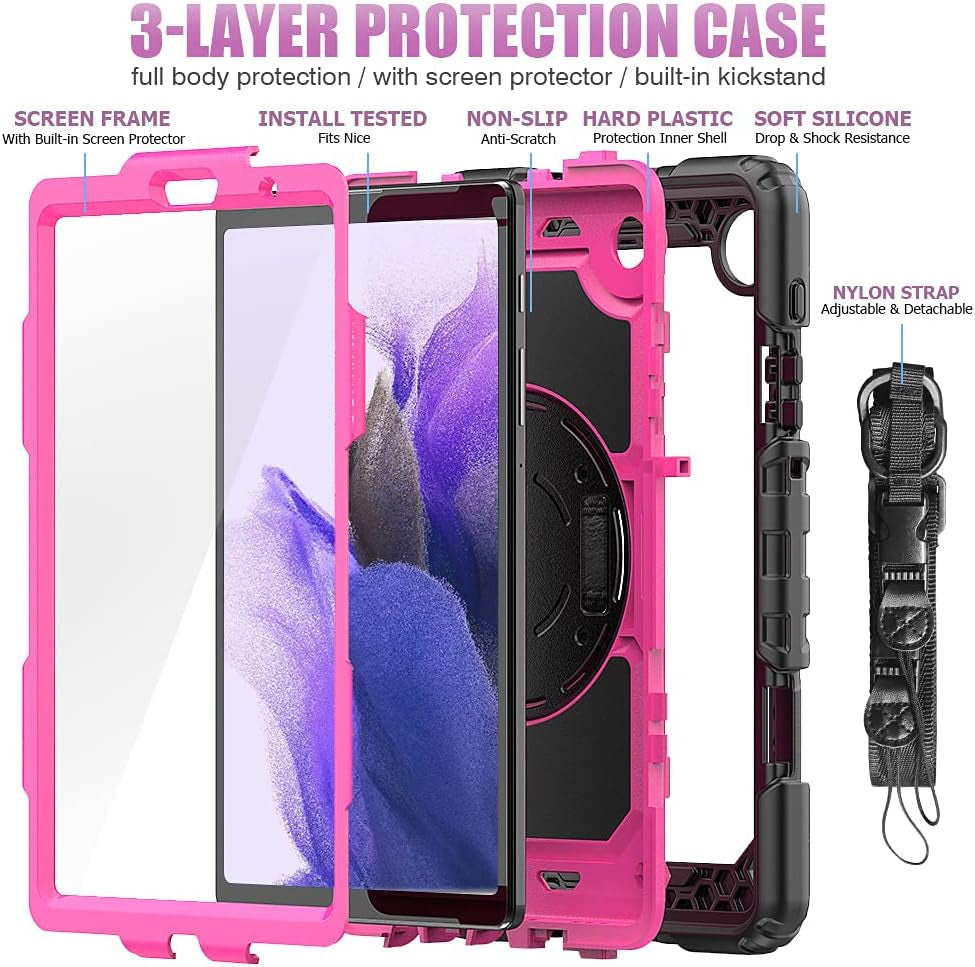 Case for Samsung Galaxy Tab A7 Lite Case 8.7 Inch 2021 with Pencil Holder Kids,Heavy Duty Shockproof Protective Cover with Screen Protector,360° Rotating Stand,Hand/Shoulder Strap,Black+Rosy