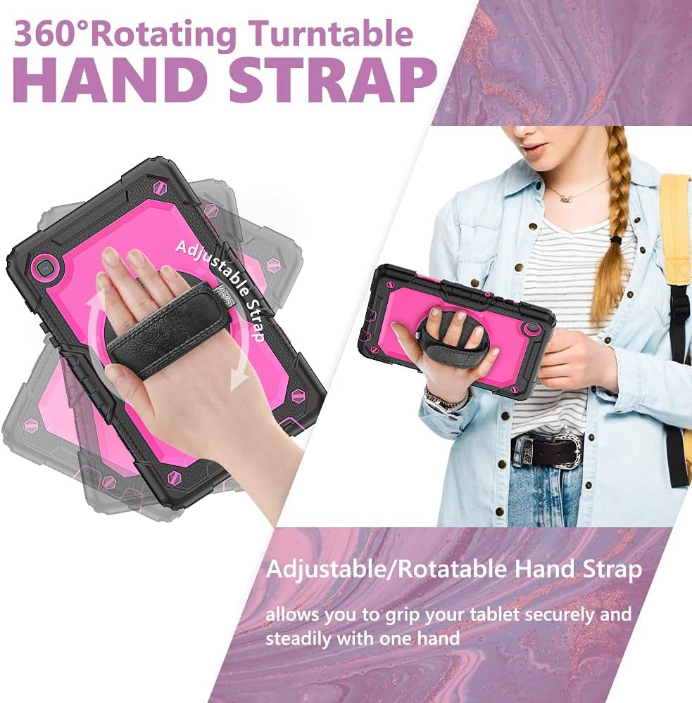 Case for Samsung Galaxy Tab A7 Lite Case 8.7 Inch 2021 with Pencil Holder Kids,Heavy Duty Shockproof Protective Cover with Screen Protector,360° Rotating Stand,Hand/Shoulder Strap,Black+Rosy