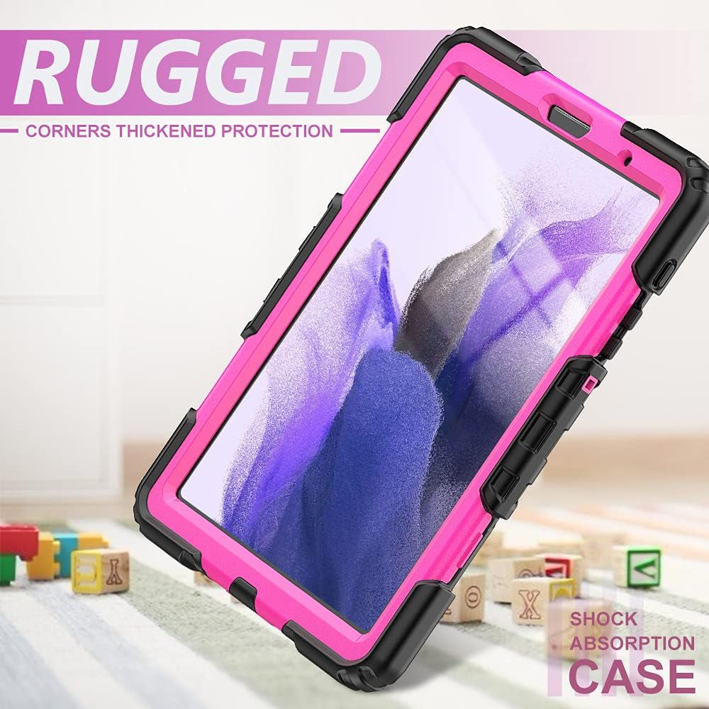 Case for Samsung Galaxy Tab A7 Lite Case 8.7 Inch 2021 with Pencil Holder Kids,Heavy Duty Shockproof Protective Cover with Screen Protector,360° Rotating Stand,Hand/Shoulder Strap,Black+Rosy