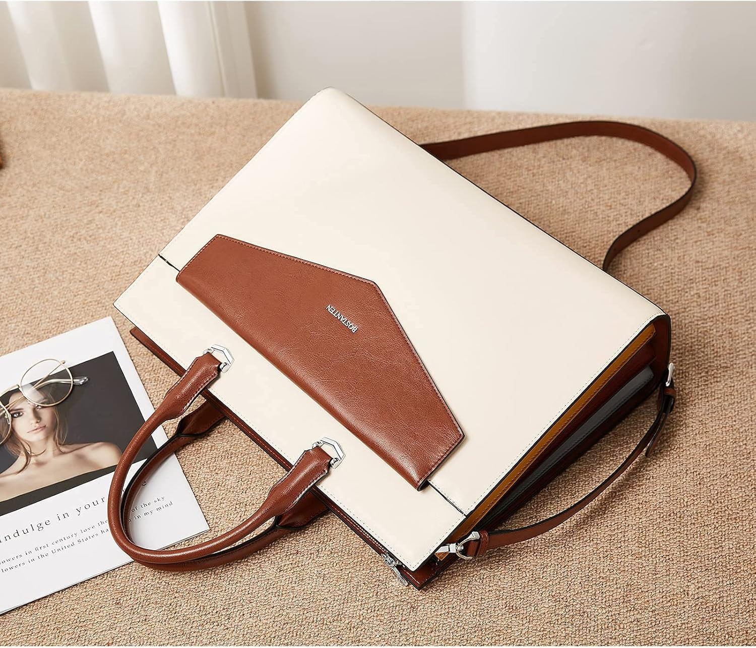 Briefcase for Women Laptop Tote 15.6 Inch Genuine Leather Handbag Work Bag Beige