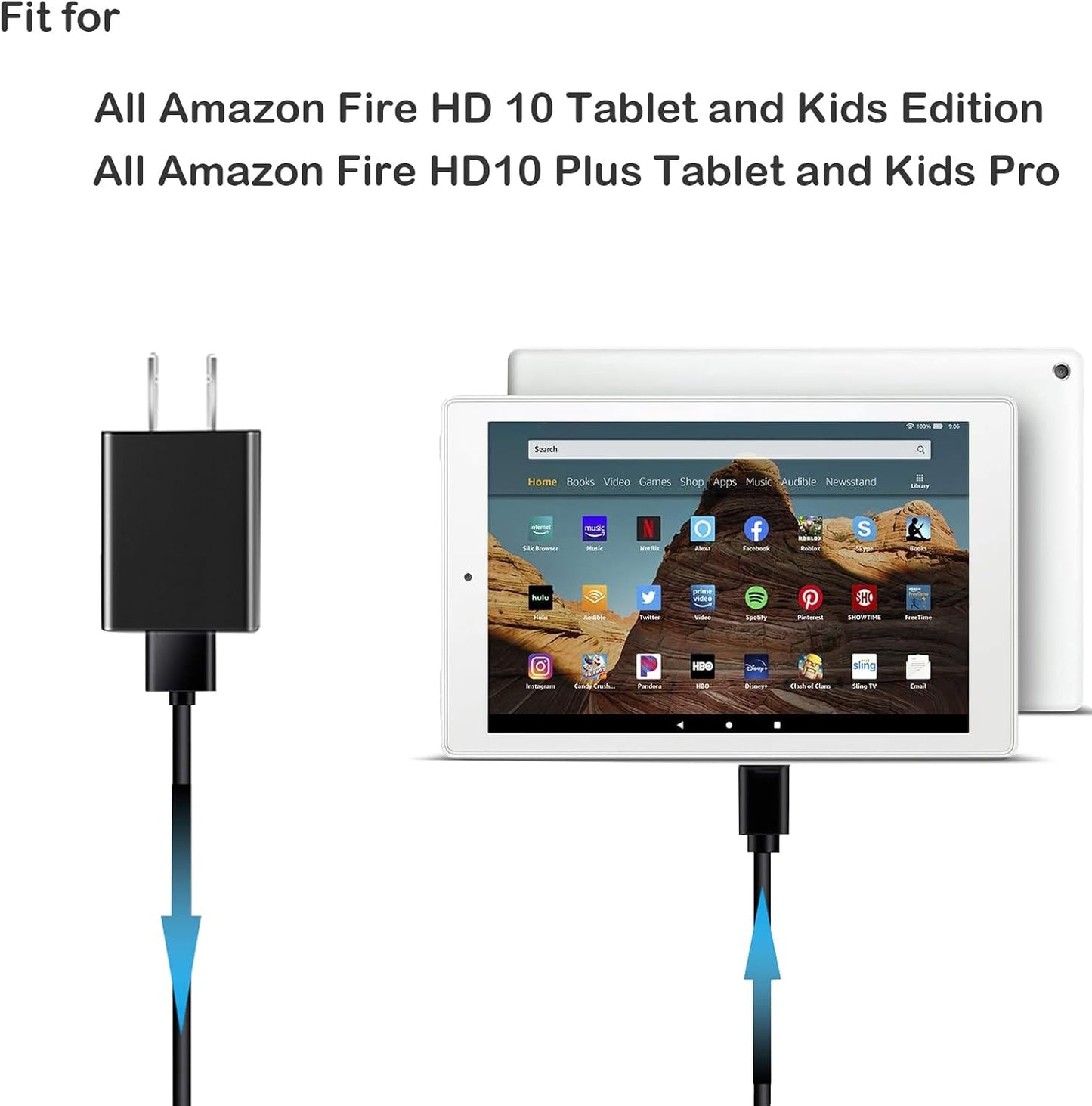 Fast Charger Fit for Fire HD10 Tablet with 5Ft Type-C Micro USB Cable for Charging All-New Fire HD 10 and Fire HD 10 Plus,Kids Pro,Kids Edition