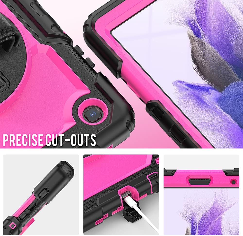 Case for Samsung Galaxy Tab A7 Lite Case 8.7 Inch 2021 with Pencil Holder Kids,Heavy Duty Shockproof Protective Cover with Screen Protector,360° Rotating Stand,Hand/Shoulder Strap,Black+Rosy