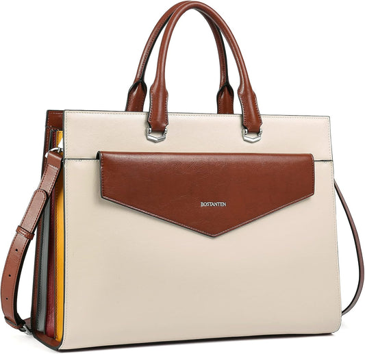 Briefcase for Women Laptop Tote 15.6 Inch Genuine Leather Handbag Work Bag Beige