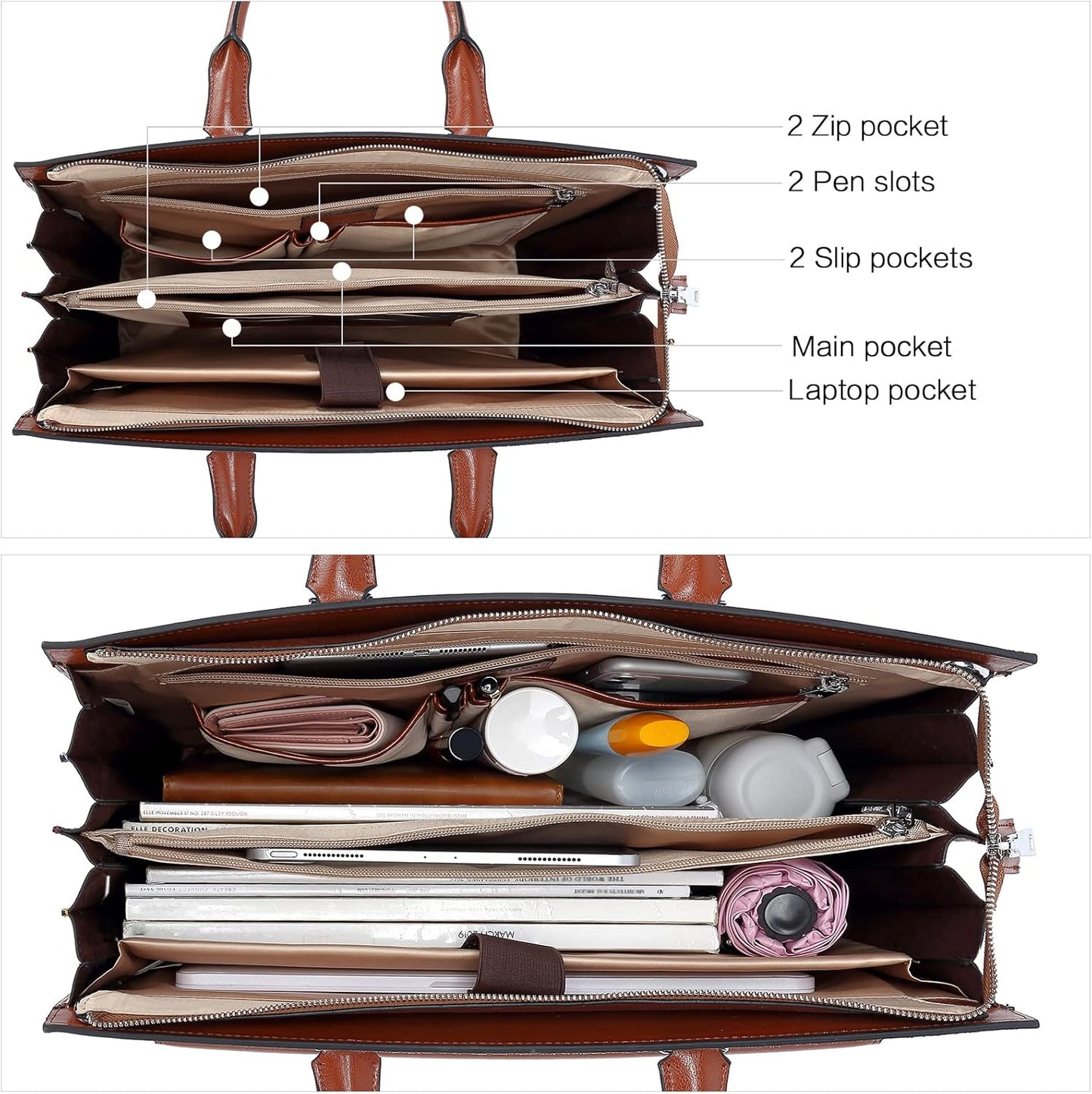 Briefcase for Women Laptop Tote 15.6 Inch Genuine Leather Handbag Work Bag Beige