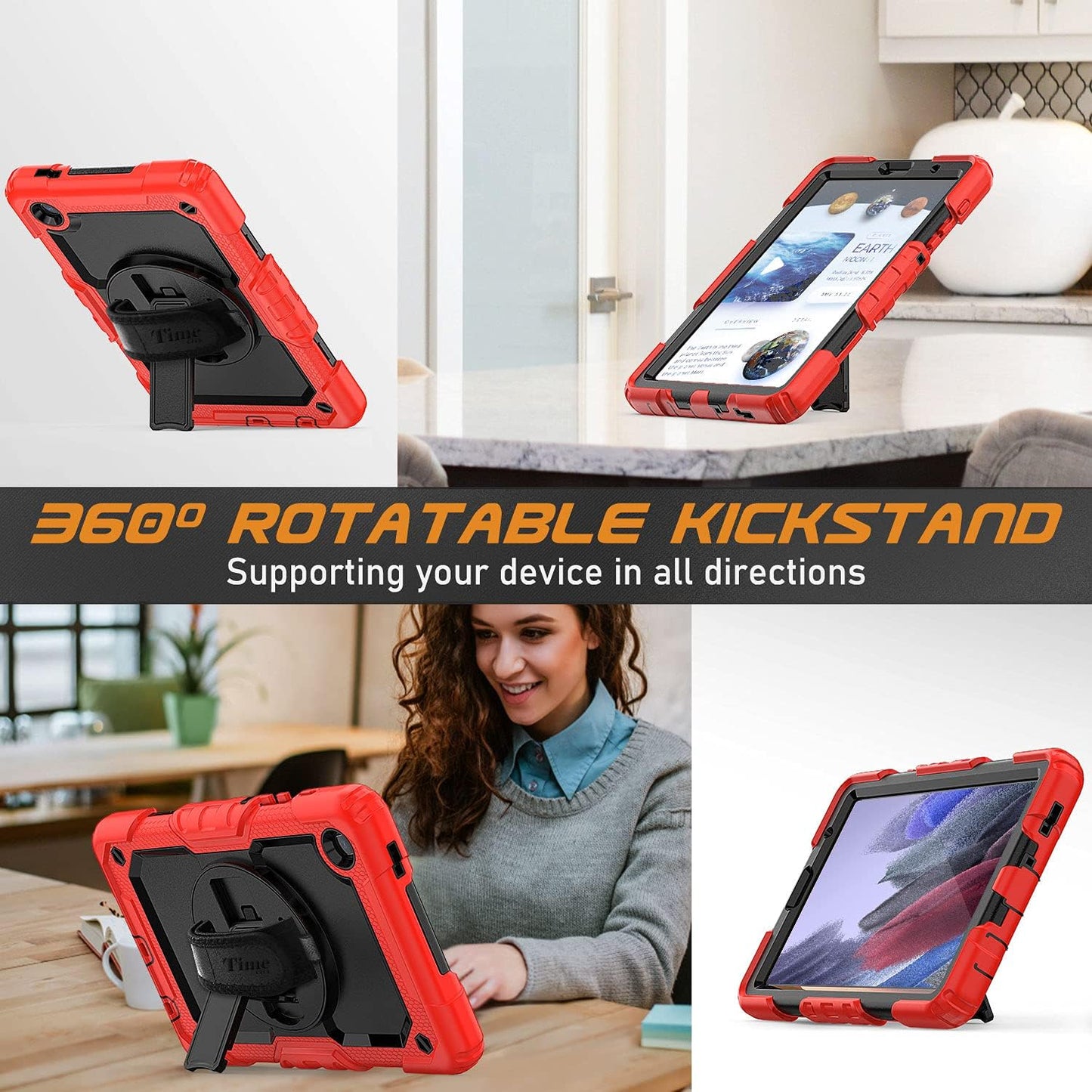 Case for Samsung Galaxy Tab A7 Lite 8.7'' 2021 (SM-T220/T225/T227), Full-Body Shockproof Protection Case with Screen Protector & 360 Rotating Stand Hand Strap - Red
