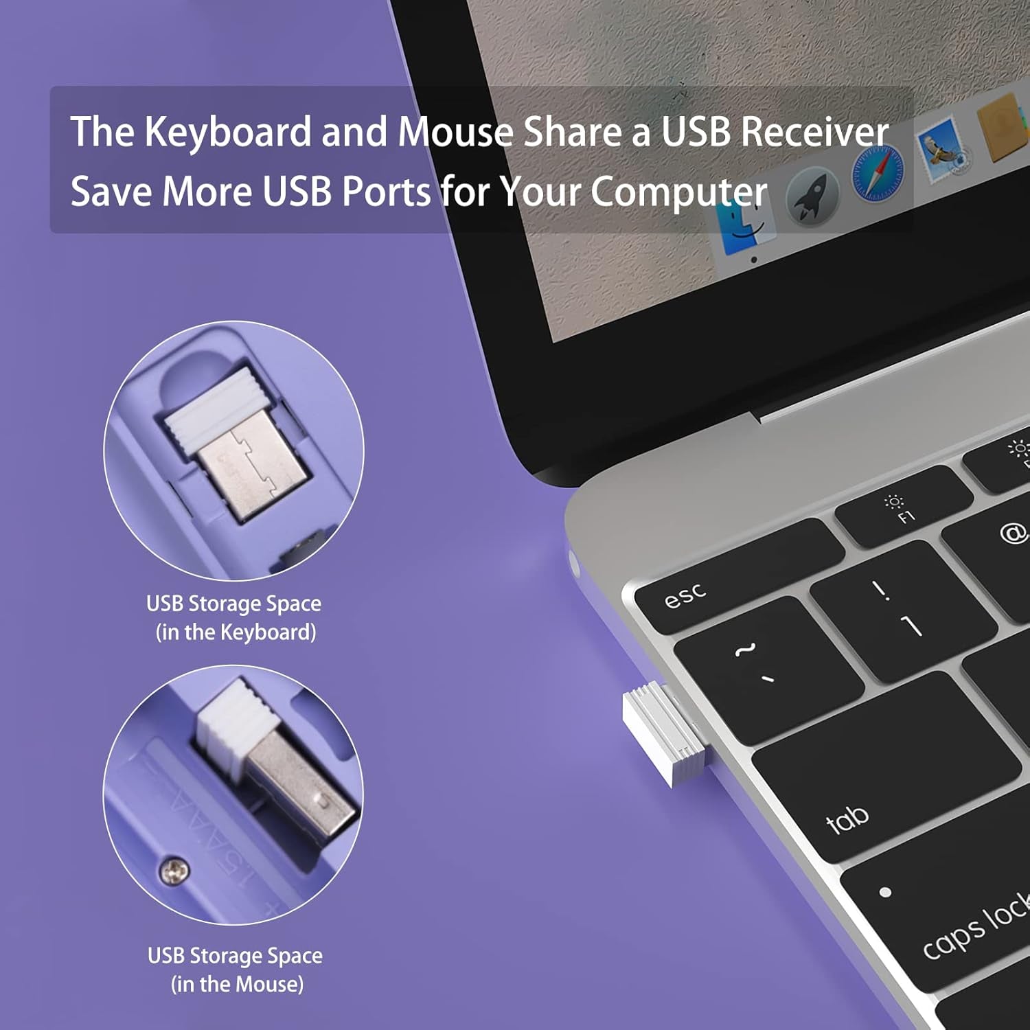 Wireless Ergonomic Keyboard and Mouse Combo, Sweet Mixed Color Cute Keyboard, 2.4G USB, Compatible with Computer, Laptop, PC Desktops, Mac (Purple)