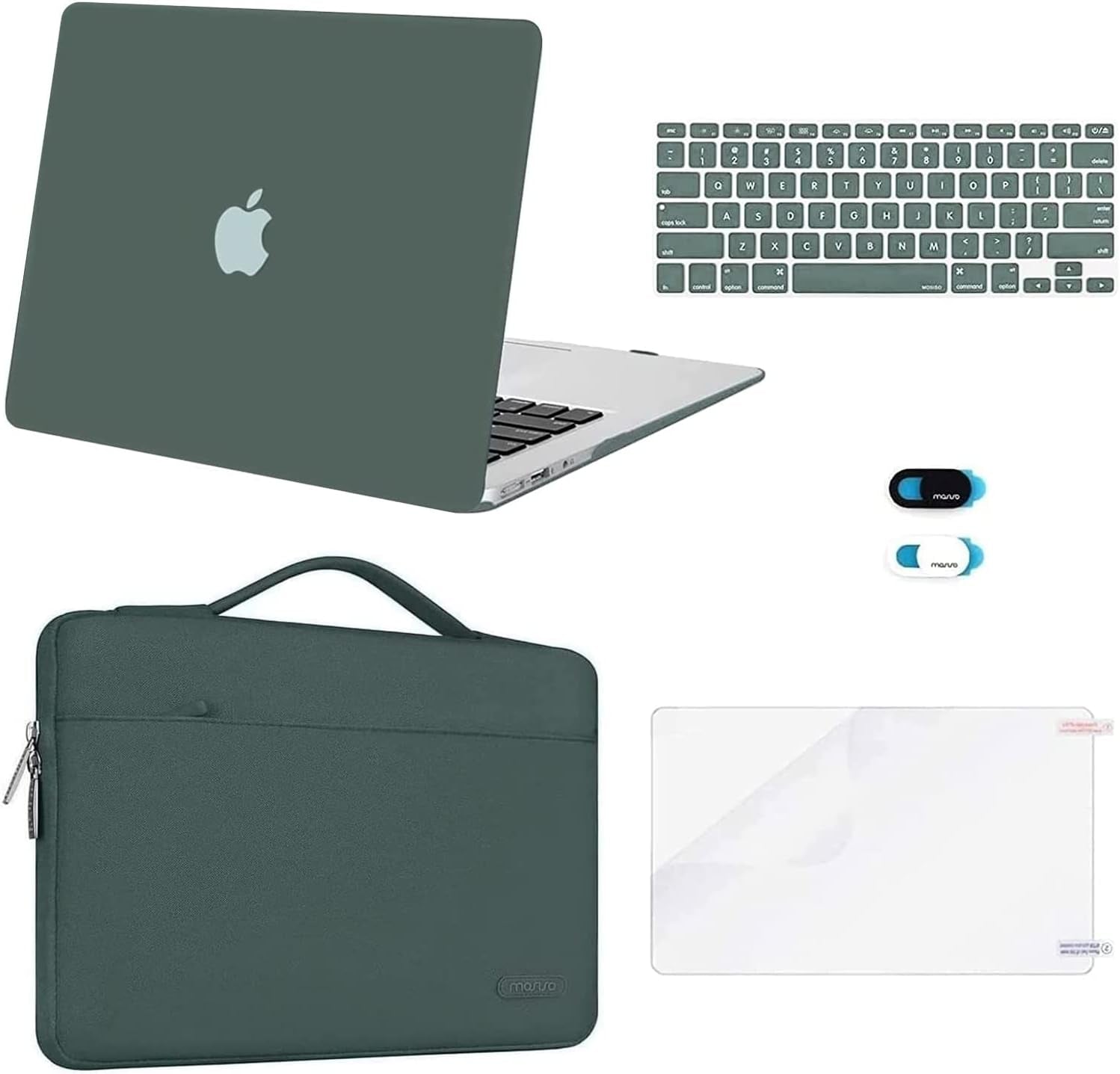 Compatible with Macbook Air 13 Inch Case (A1369 A1466, Older Version 2010-2017 Release), Plastic Hard Shell Case & Sleeve Bag & Keyboard Cover & Webcam Cover & Screen Protector, Midnight Green