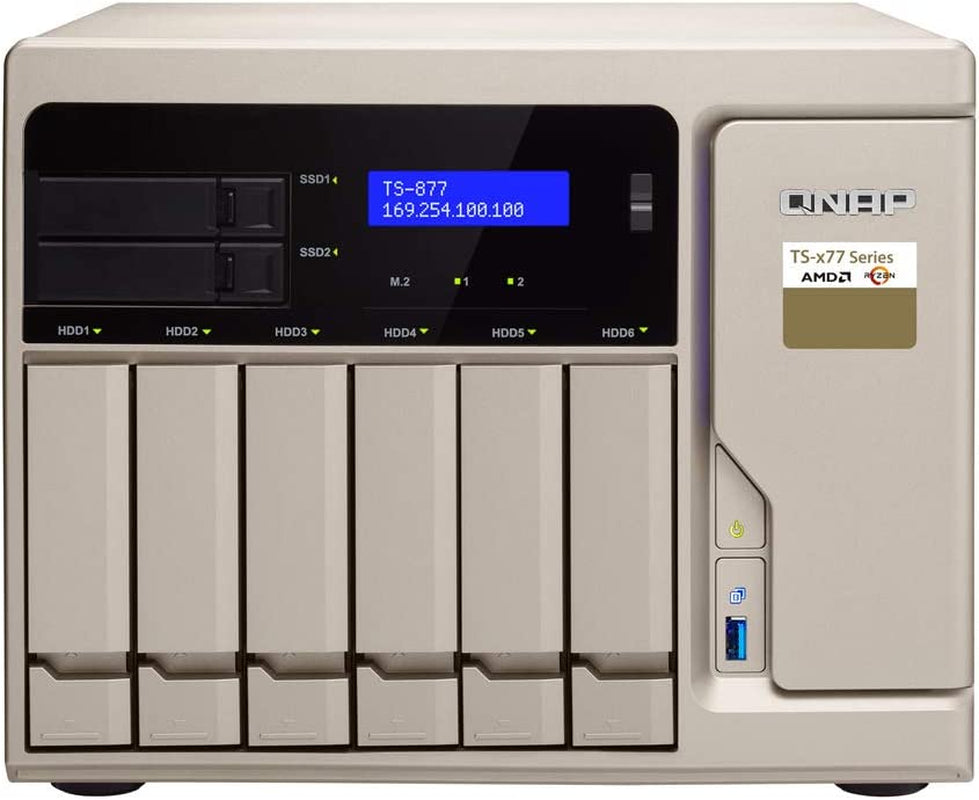 TS-877 NAS Server, AMD Ryzen 7 8-Core 3.0Ghz CPU, 32GB DDR4 RAM, 1TB SSD, 12TB HDD, RAID, QTS 4.3 Operating System, Beige, Metal, Floor Mount, Compatible with Server