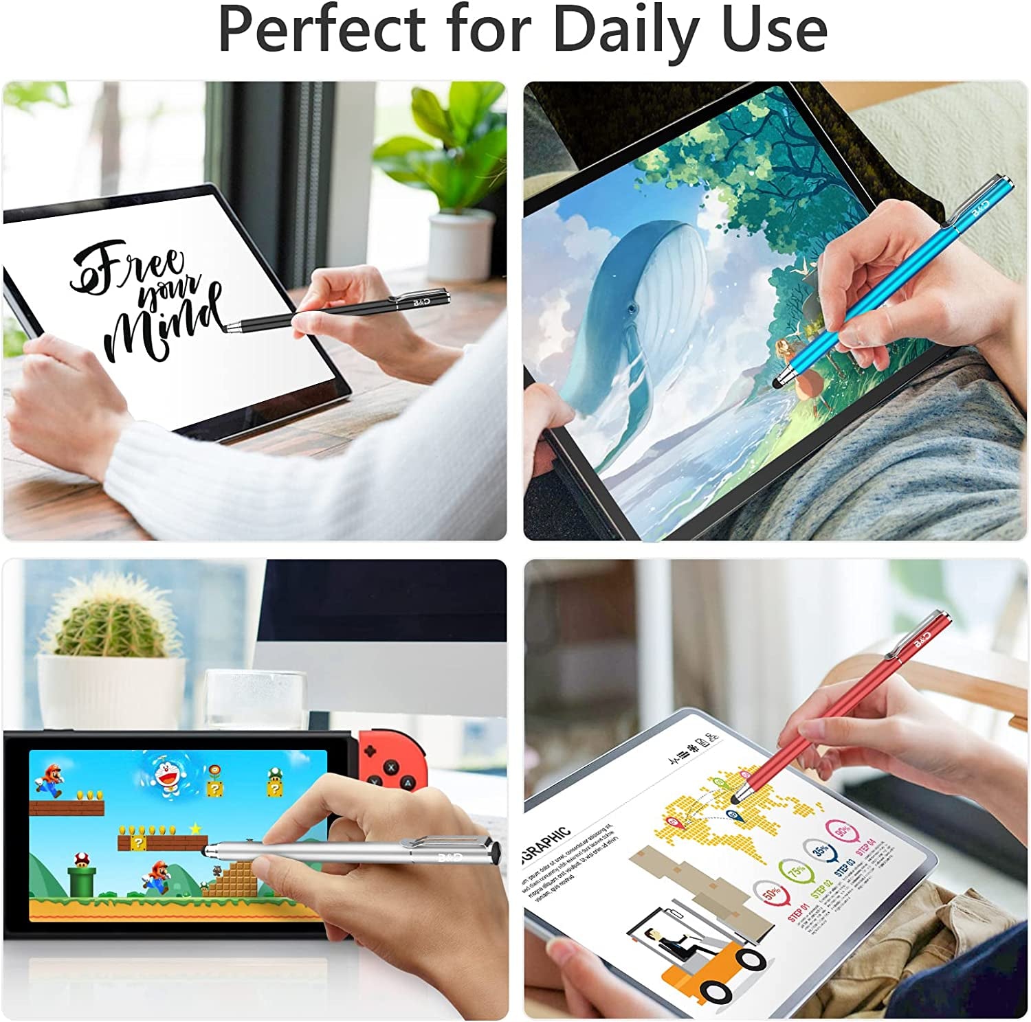 Capacitive Stylus/Styli 2-In-1 Universal Touch Screen Pen for All Touch Screen Tablets & Cell Phones with 20 Extra Replaceable Soft Rubber Tips (Pack of 4)