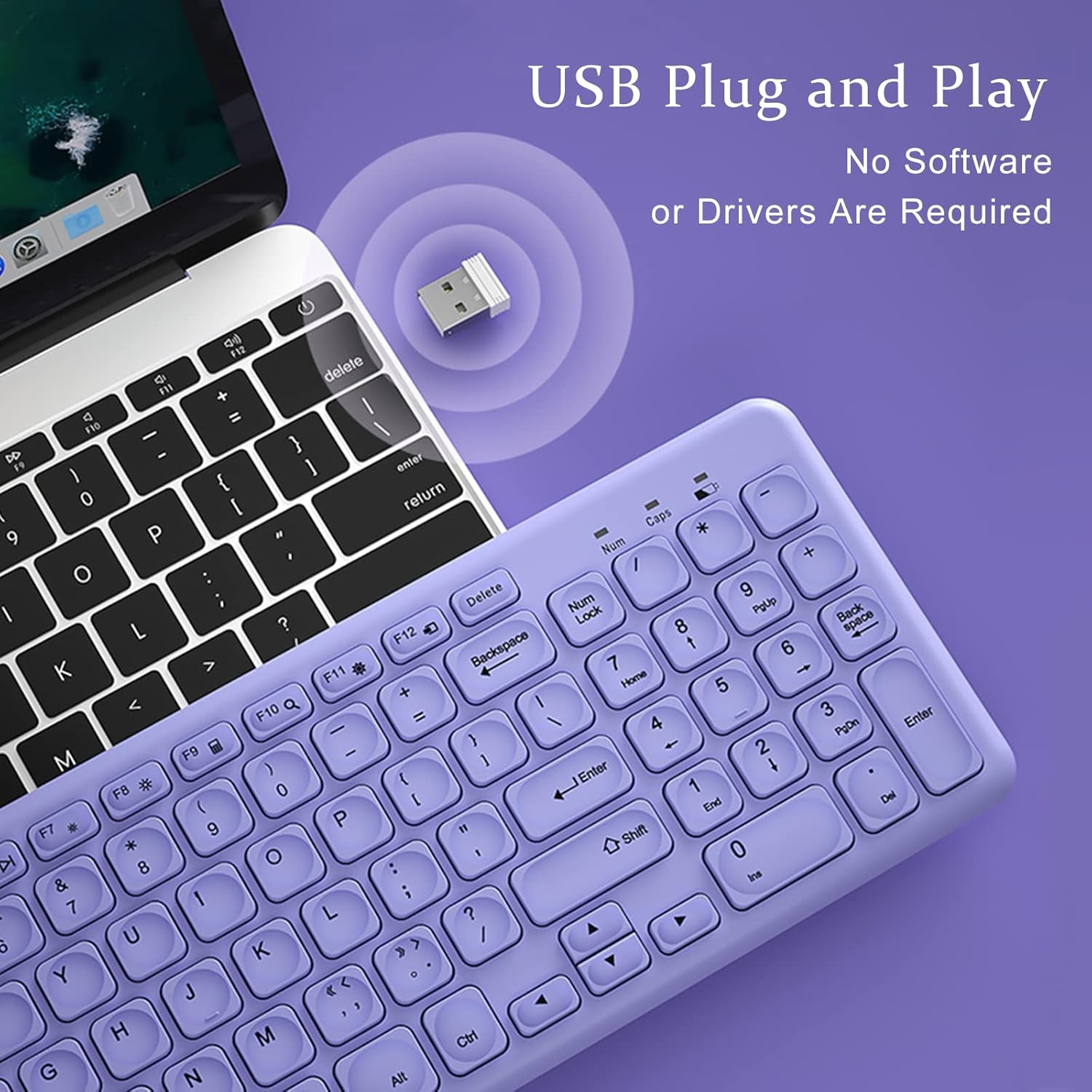 Wireless Ergonomic Keyboard and Mouse Combo, Sweet Mixed Color Cute Keyboard, 2.4G USB, Compatible with Computer, Laptop, PC Desktops, Mac (Purple)