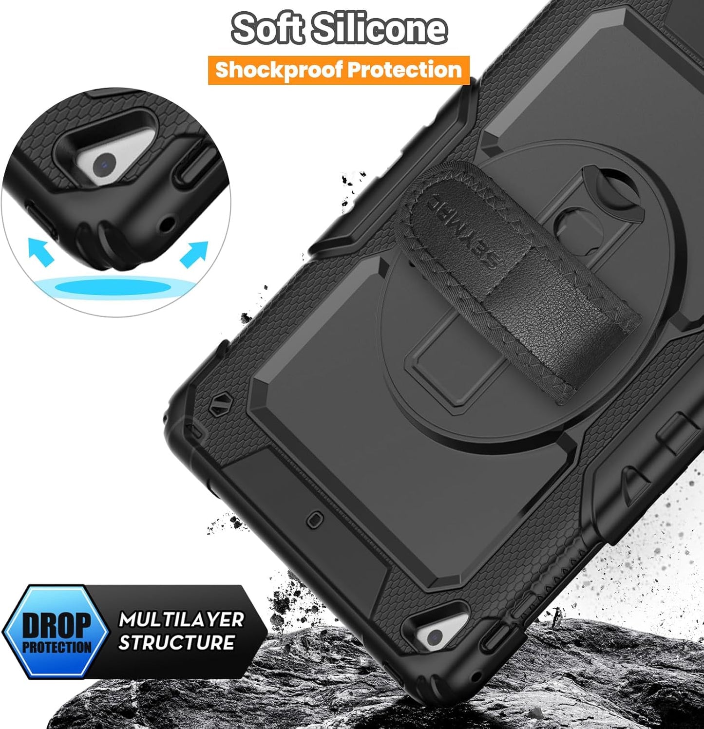 for Ipad 6Th/5Th Generation Case 9.7 Inch, Full-Body Shockproof Heavy Duty Protective Case with Screen Protector, Rotating Stand/Hand/Shoulder Strap for Ipad Air 2/ Pro 9.7, Black