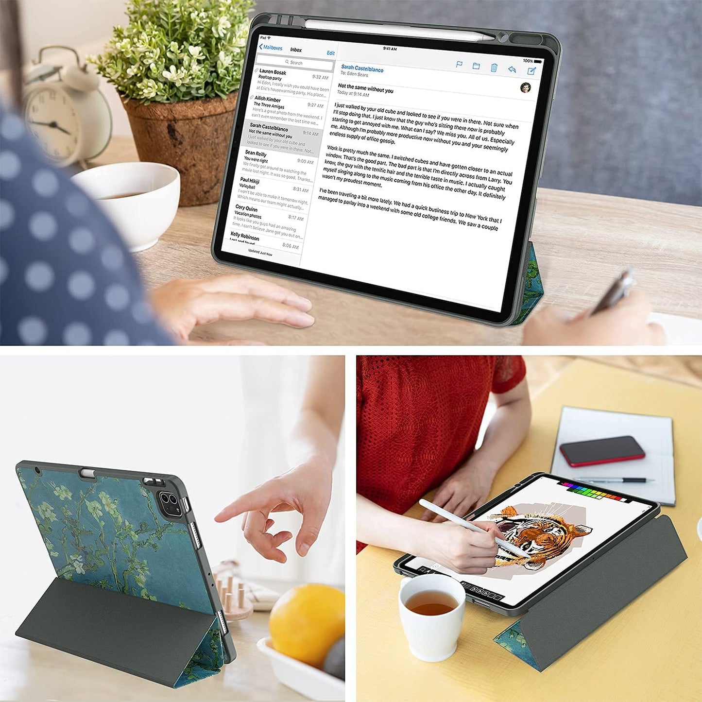 Ipad Pro 12.9 Case 2021/2022 5Th/6Th Generation with Pencil Holder,Slim Lightweight Trifold Stand Case【Pencil Charging+Auto Sleep/Wake】 Soft TPU Back Cover for Ipad Pro 12.9-Apricot Blossom